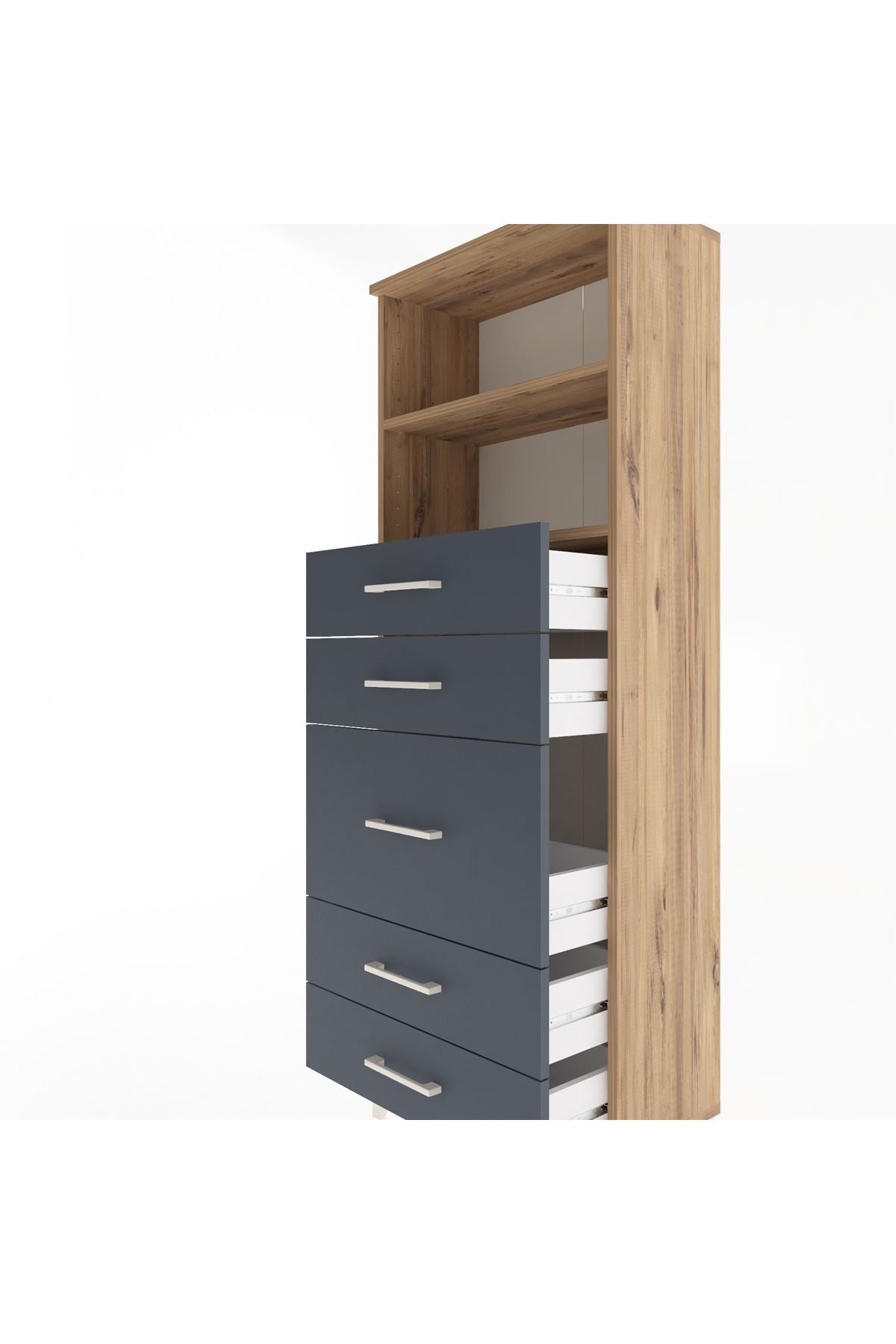 Arges Dolap 2 Raflı 5 Çekmeceli 60x30x163 Çam-Antrasit