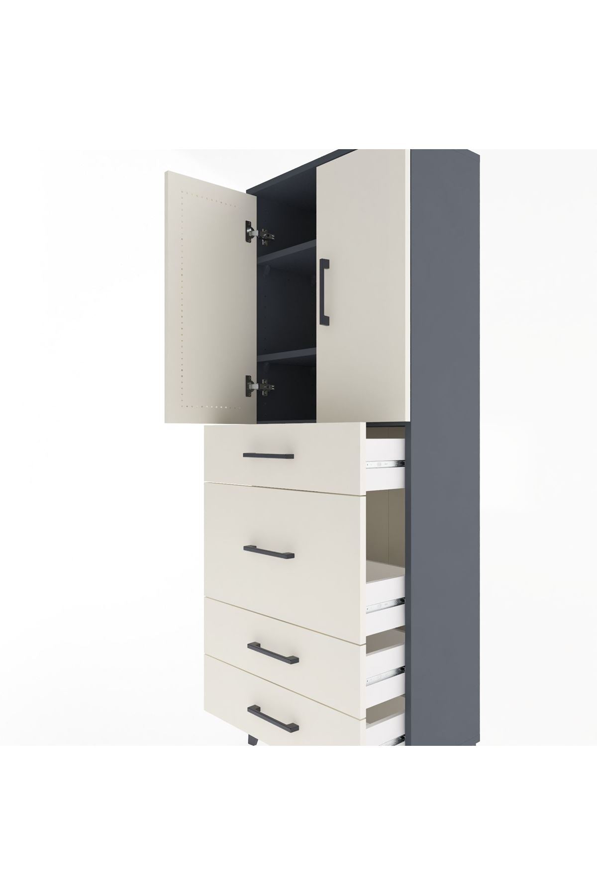 Arges Dolap 3 Raflı 4 Çekmeceli 2 Kapaklı 60x30x163 Antrasit-Aytaşı