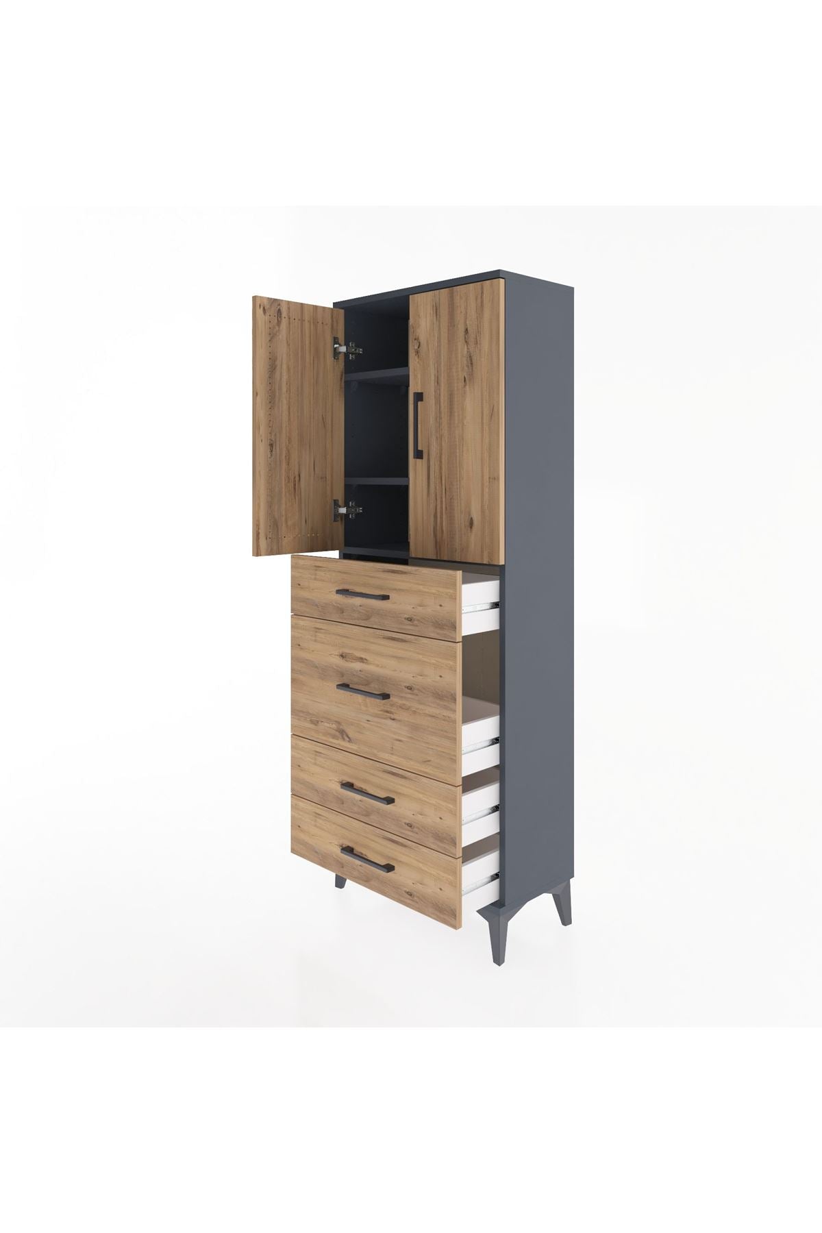 Arges Dolap 3 Raflı 4 Çekmeceli 2 Kapaklı 60x30x163 Antrasit-Çam