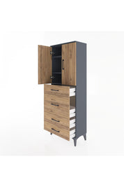 Arges Dolap 3 Raflı 4 Çekmeceli 2 Kapaklı 60x30x163 Antrasit-Çam