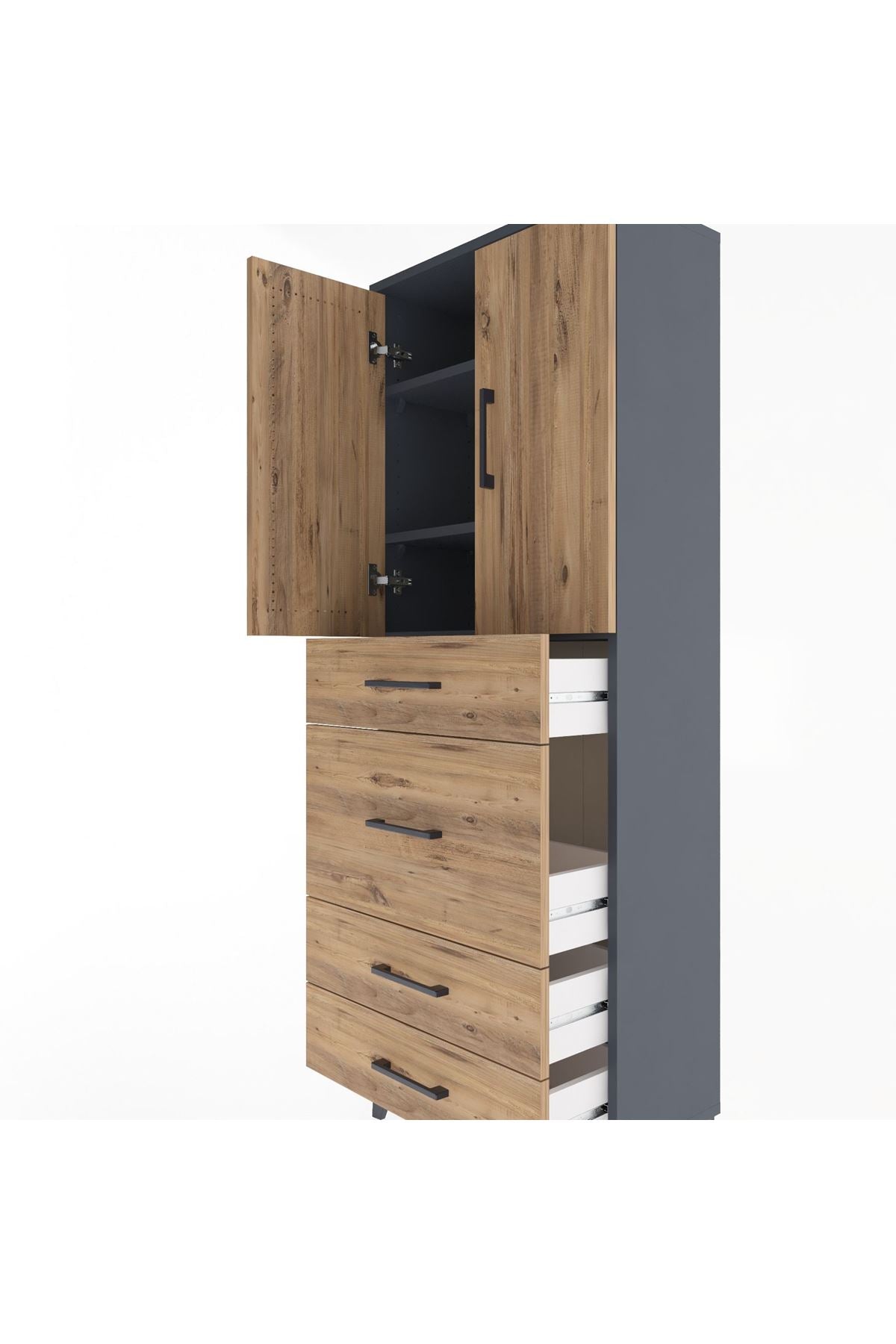 Arges Dolap 3 Raflı 4 Çekmeceli 2 Kapaklı 60x30x163 Antrasit-Çam