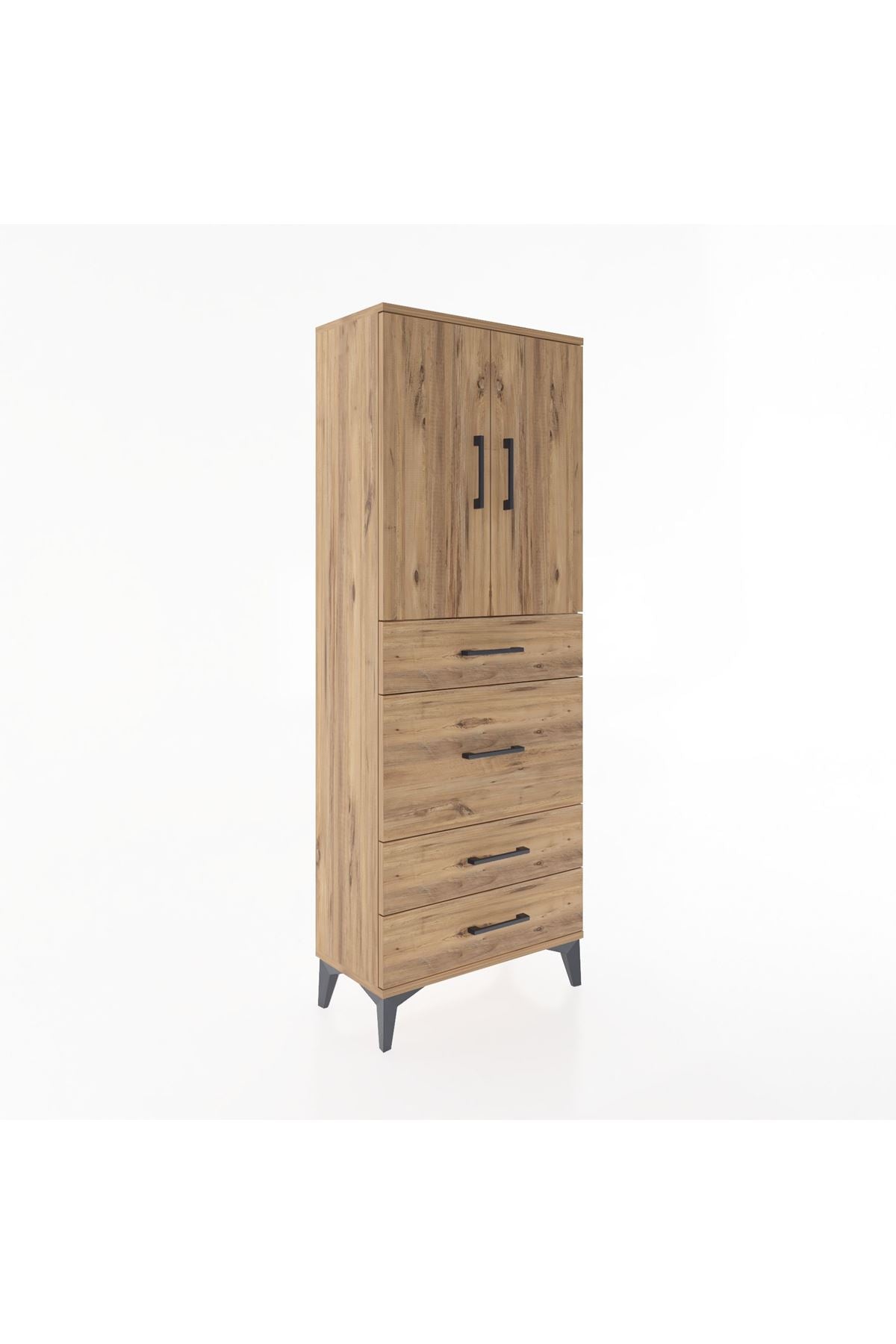 Arges Dolap 3 Raflı 4 Çekmeceli 2 Kapaklı 60x30x163 Çam-Çam