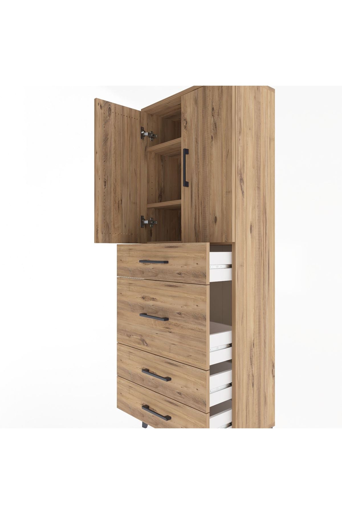 Arges Dolap 3 Raflı 4 Çekmeceli 2 Kapaklı 60x30x163 Çam-Çam