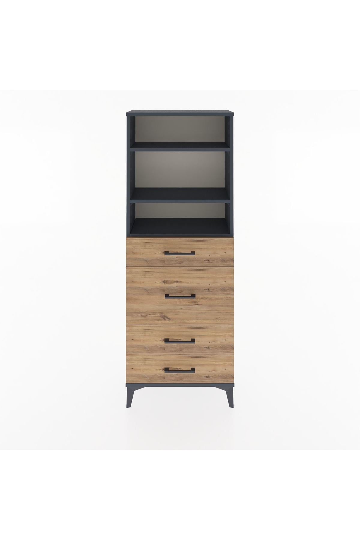 Arges Dolap 3 Raflı 4 Çekmeceli 60x30x163 Antrasit-Çam