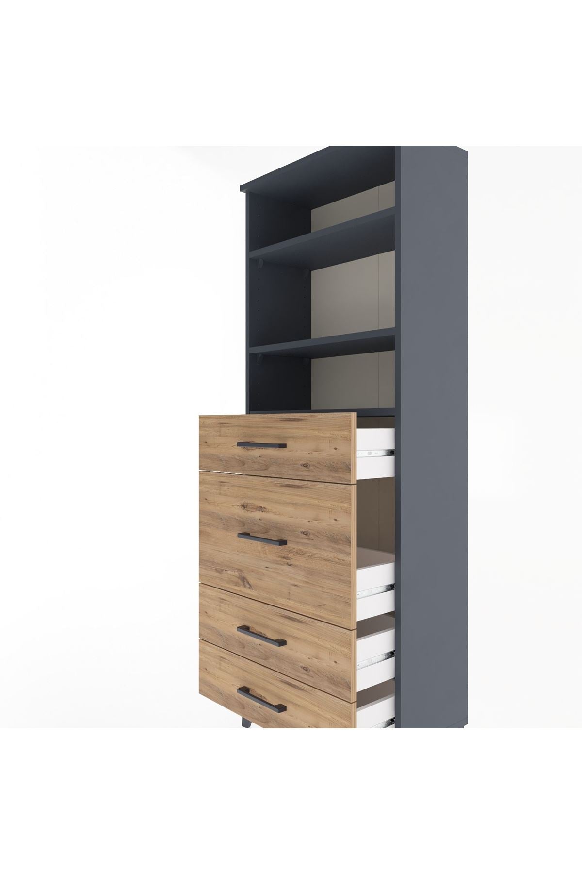 Arges Dolap 3 Raflı 4 Çekmeceli 60x30x163 Antrasit-Çam