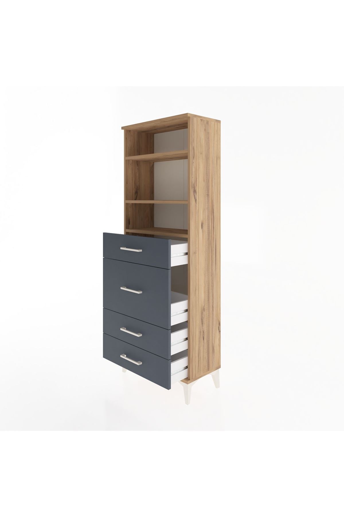 Arges Dolap 3 Raflı 4 Çekmeceli 60x30x163 Çam-Antrasit