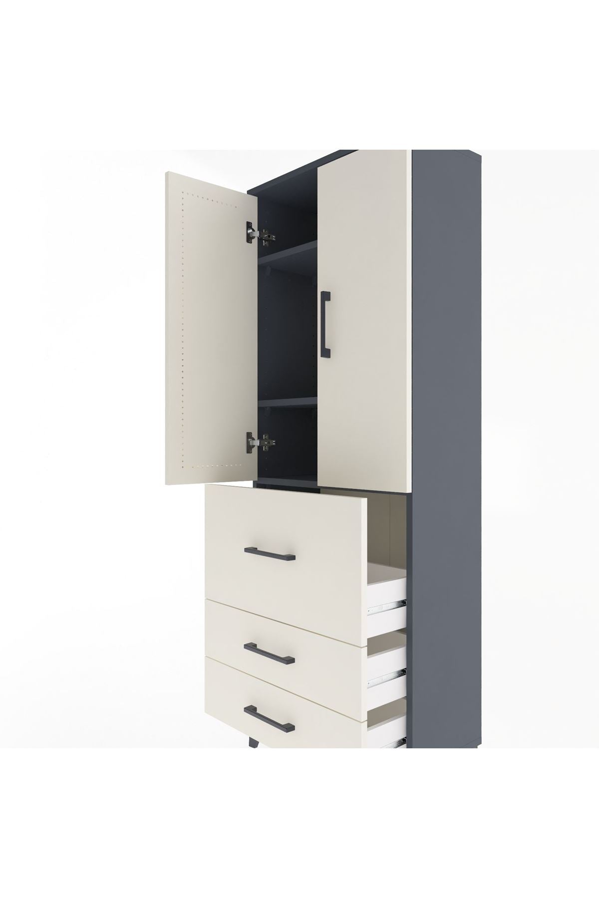 Arges Dolap 3 Raflı 3 Çekmeceli 2 Kapaklı 60x30x163 Antrasit-Aytaşı
