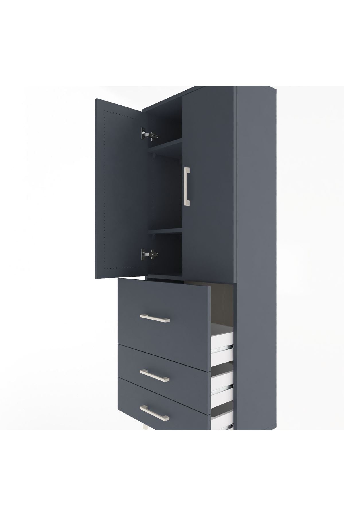 Arges Dolap 3 Raflı 3 Çekmeceli 2 Kapaklı 60x30x163 Antrasit-Antrasit