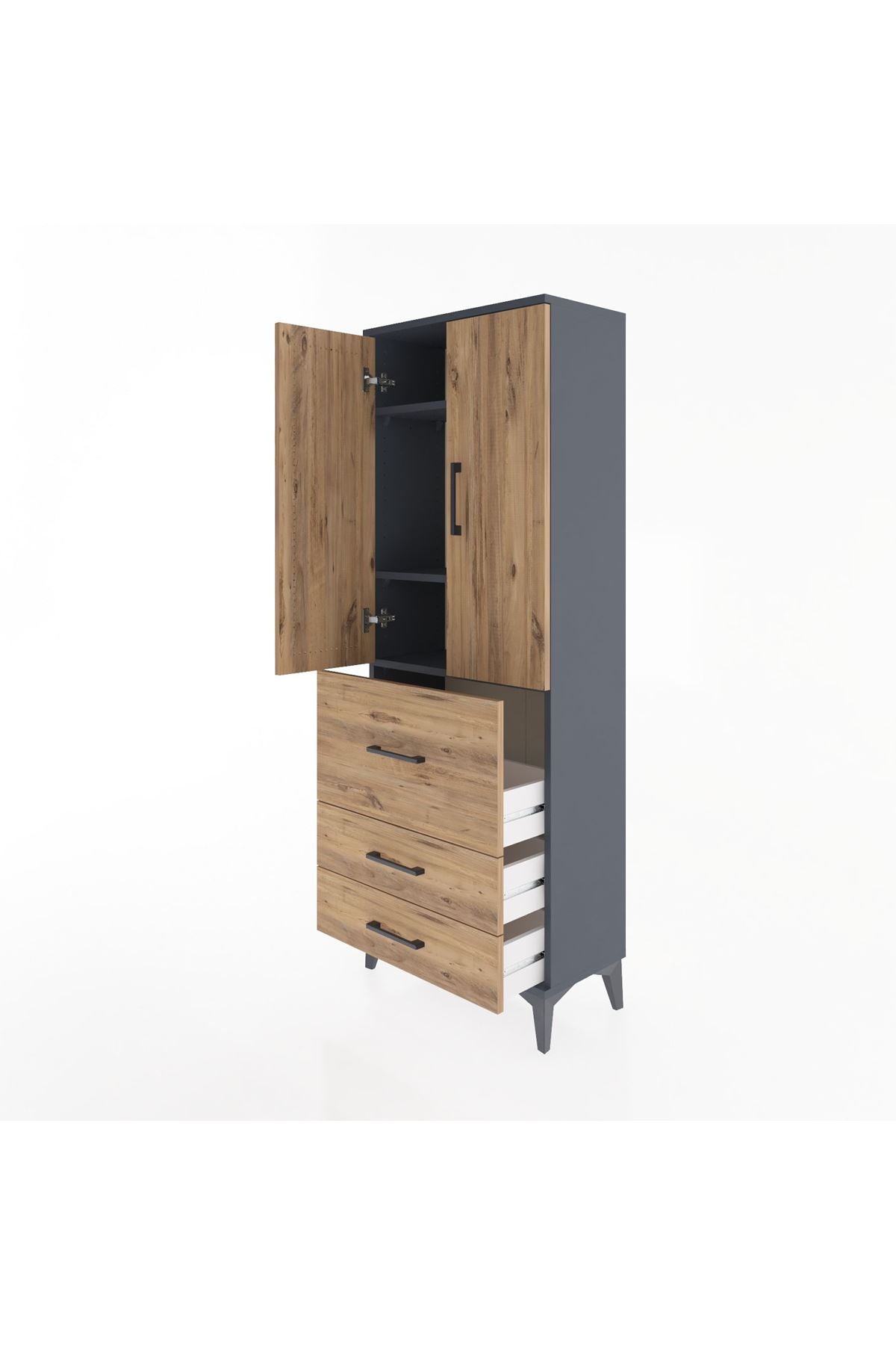 Arges Dolap 3 Raflı 3 Çekmeceli 2 Kapaklı 60x30x163 Antrasit-Çam