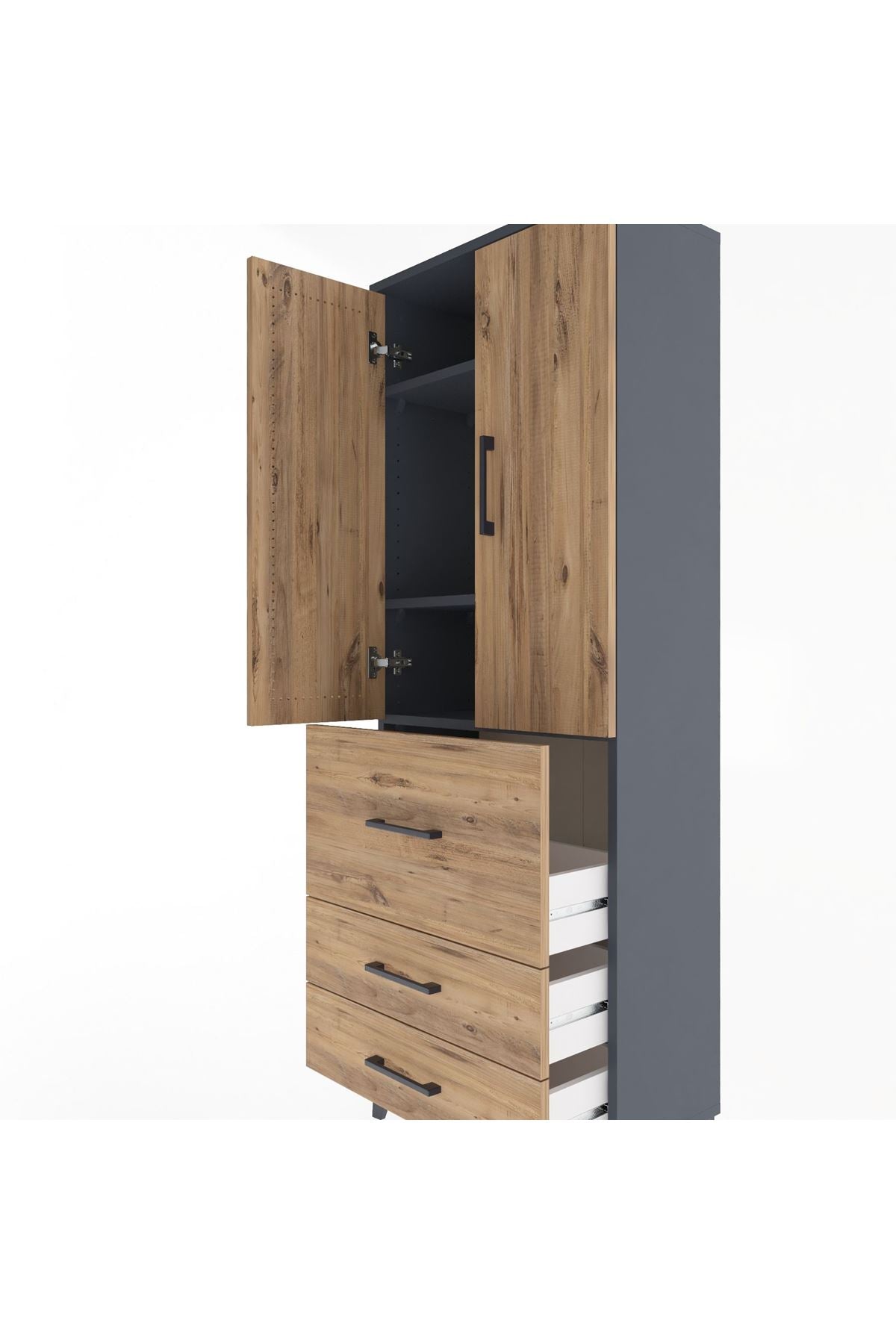 Arges Dolap 3 Raflı 3 Çekmeceli 2 Kapaklı 60x30x163 Antrasit-Çam