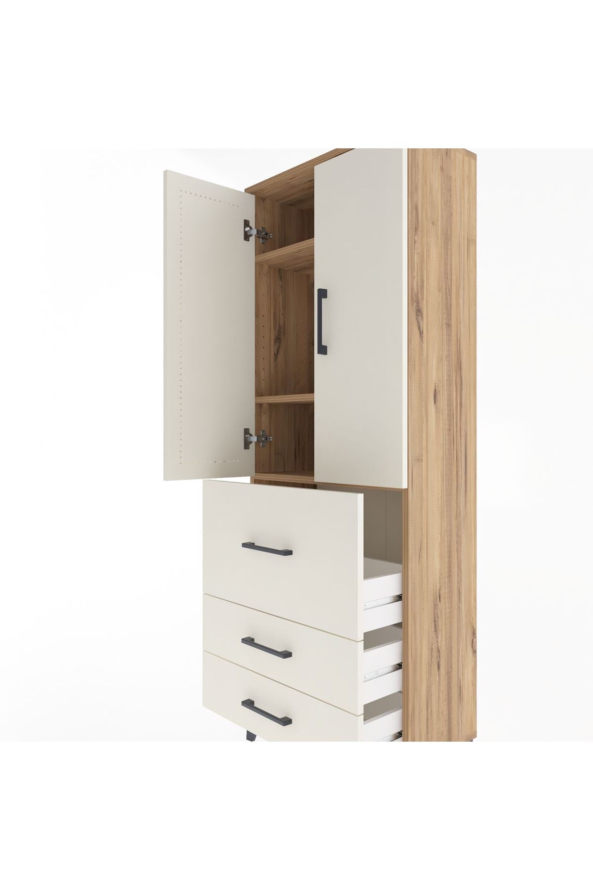 Arges Dolap 3 Raflı 3 Çekmeceli 2 Kapaklı 60x30x163 Çam-Aytaşı