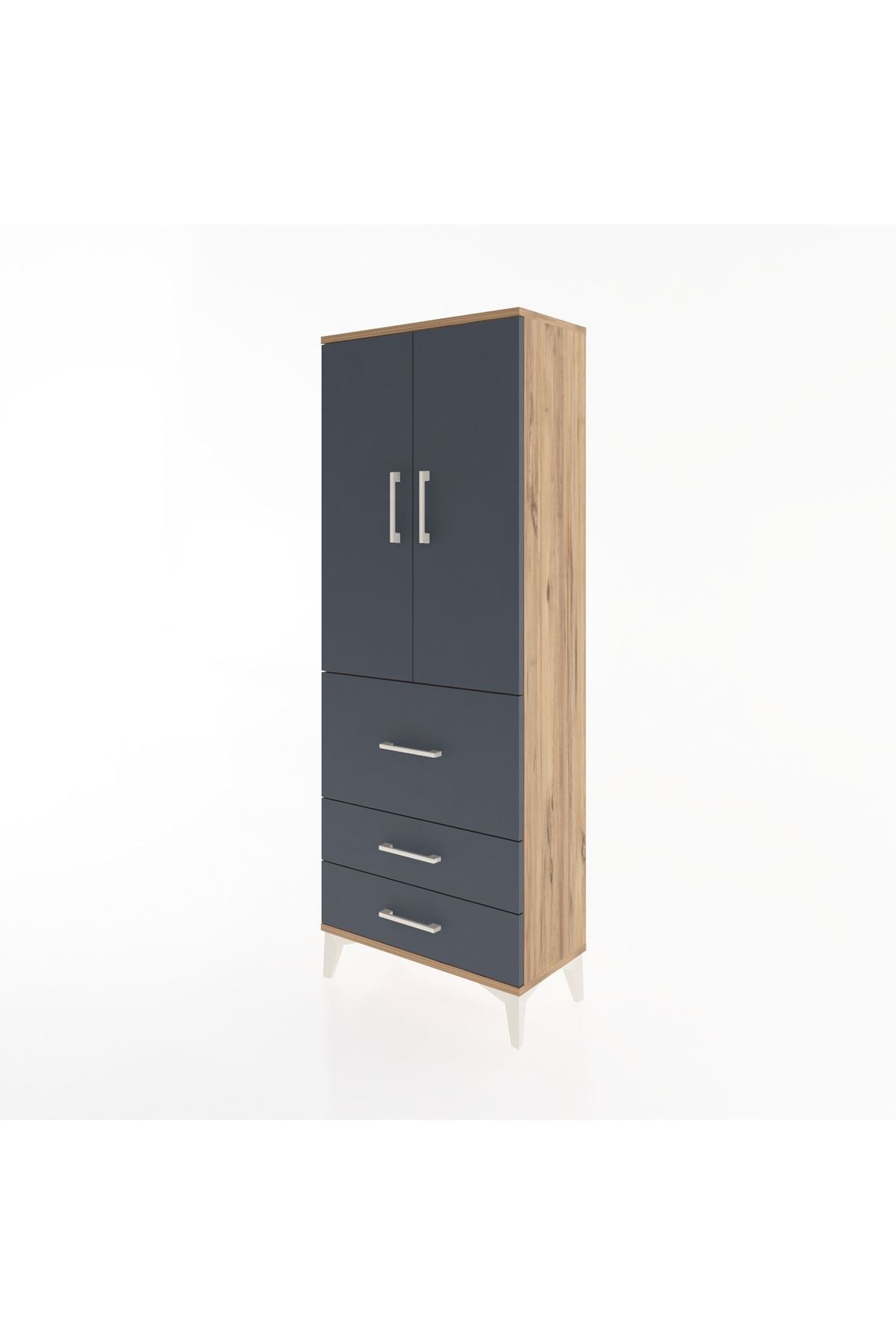 Arges Dolap 3 Raflı 3 Çekmeceli 2 Kapaklı 60x30x163 Çam-Antrasit