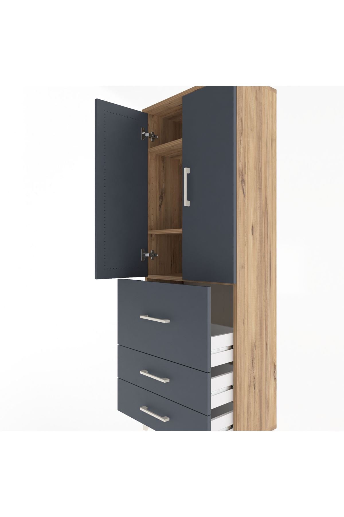 Arges Dolap 3 Raflı 3 Çekmeceli 2 Kapaklı 60x30x163 Çam-Antrasit