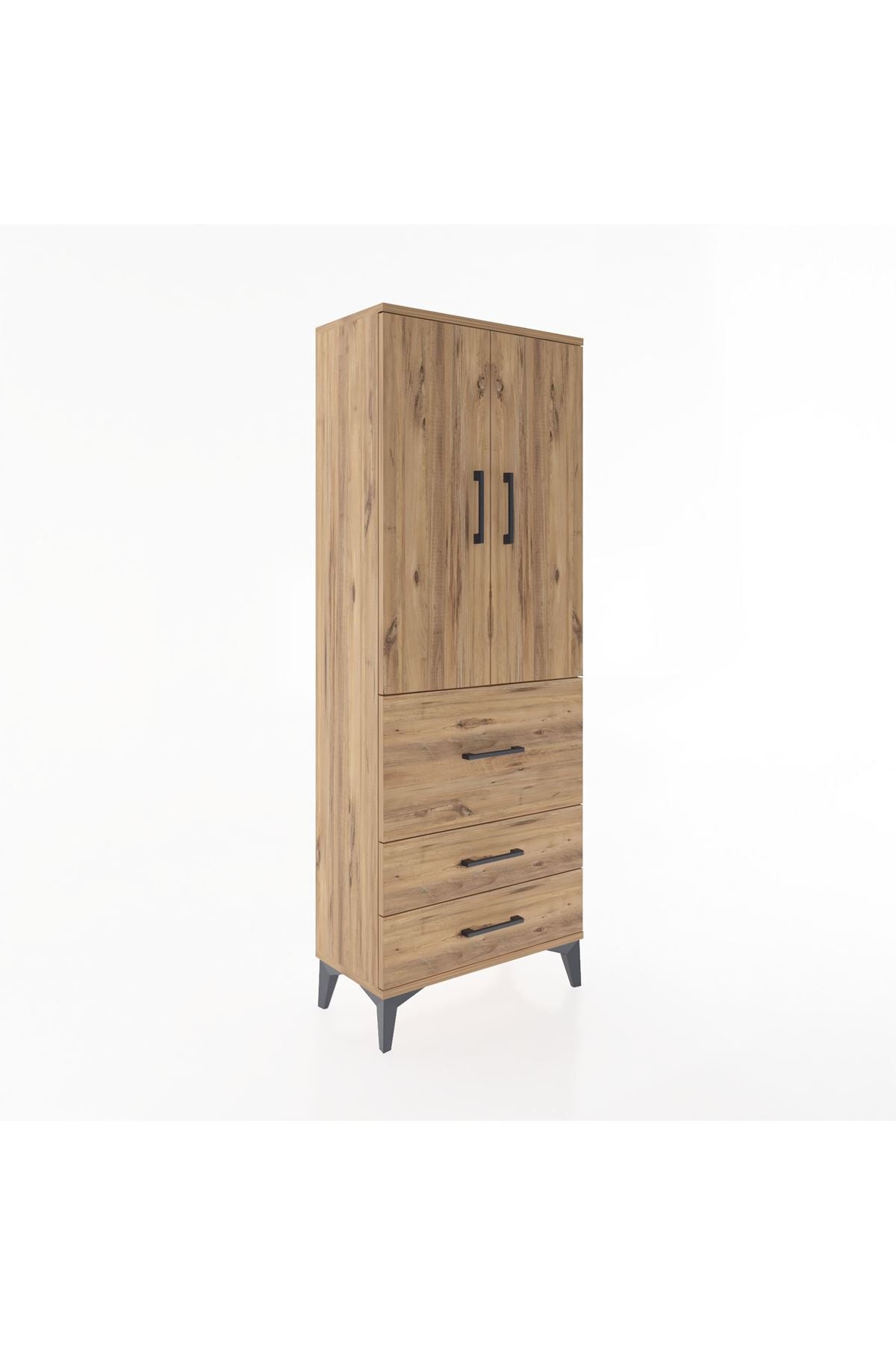 Arges Dolap 3 Raflı 3 Çekmeceli 2 Kapaklı 60x30x163 Çam-Çam