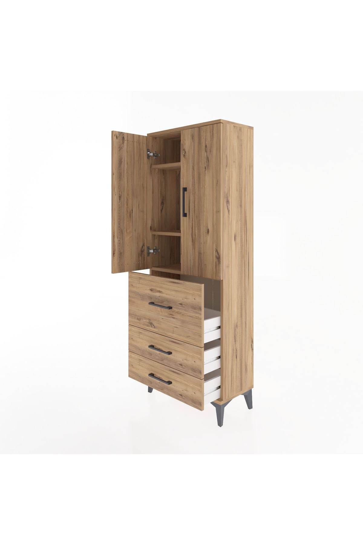 Arges Dolap 3 Raflı 3 Çekmeceli 2 Kapaklı 60x30x163 Çam-Çam