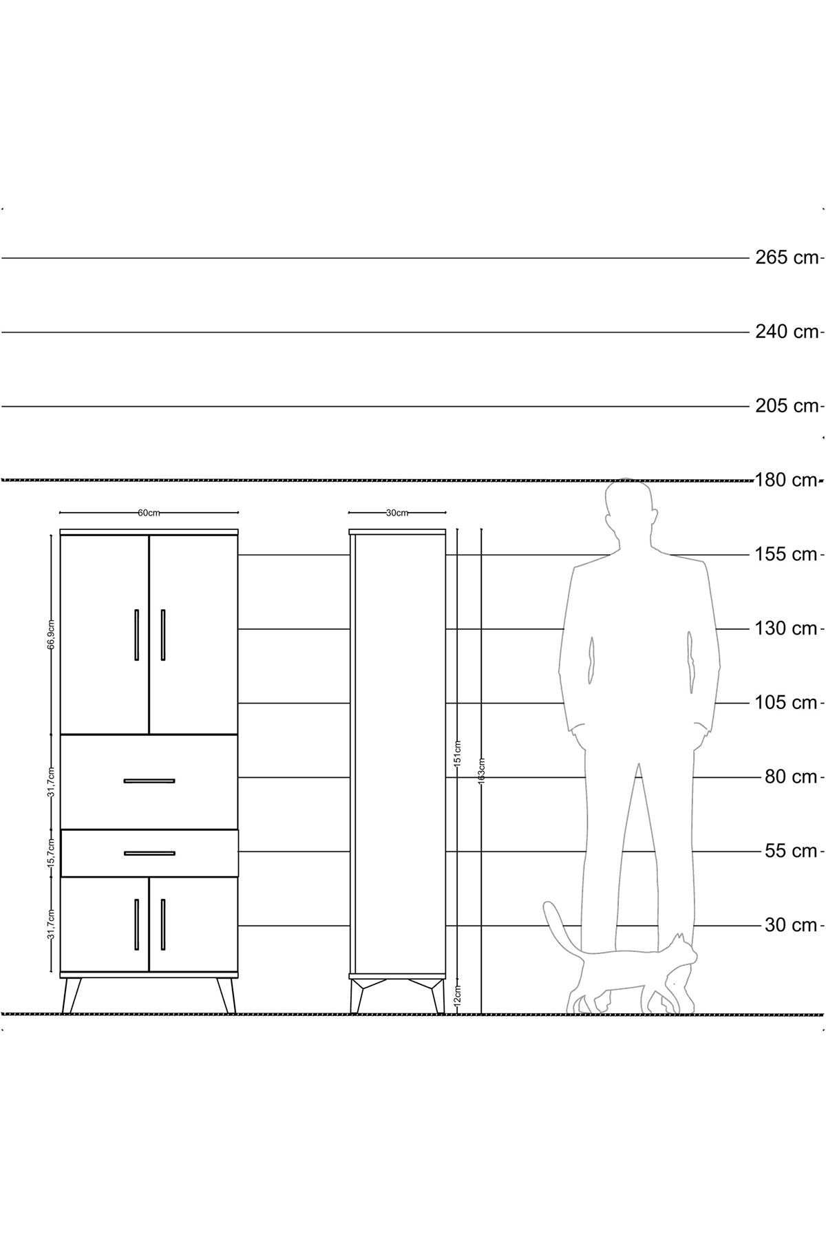 Arges Dolap 3 Raflı 2 Çekmeceli 4 Kapaklı 60x30x163 Antrasit-Çam