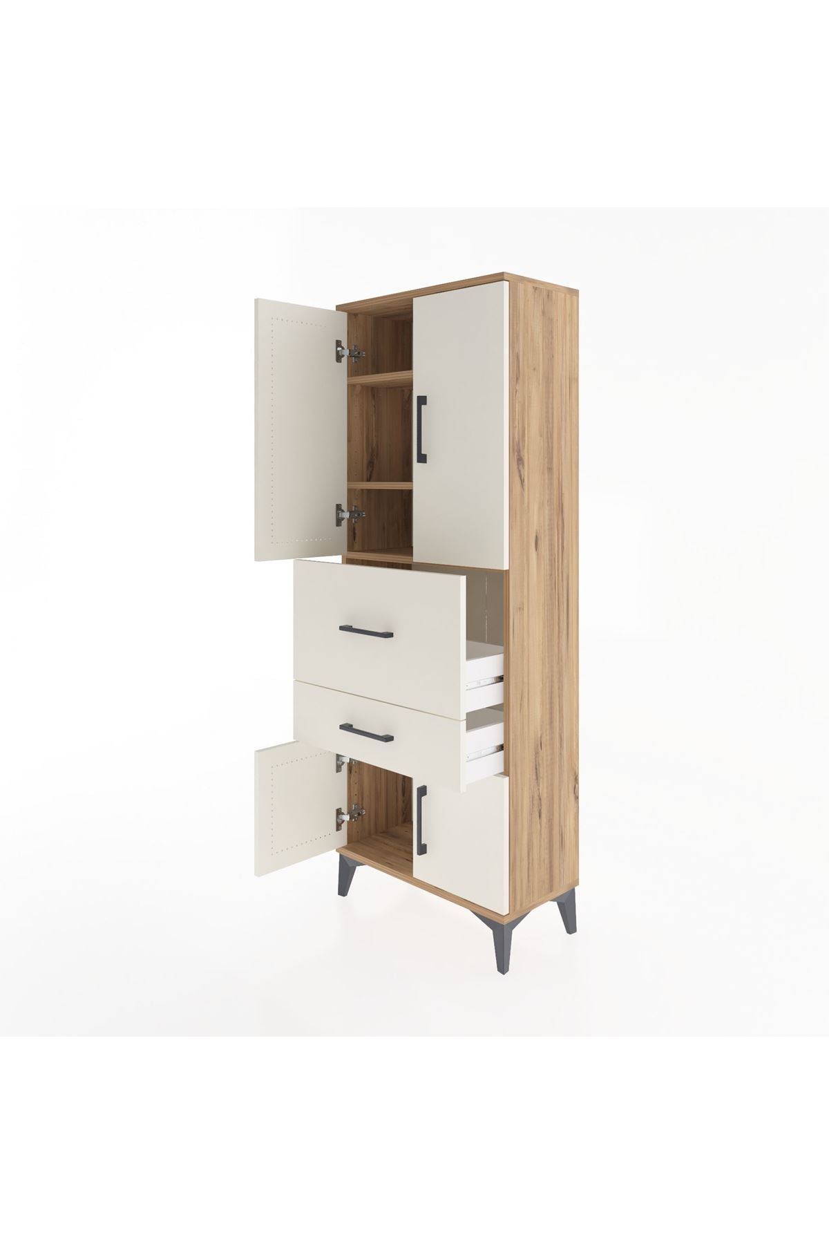 Arges Dolap 3 Raflı 2 Çekmeceli 4 Kapaklı 60x30x163 Çam-Aytaşı