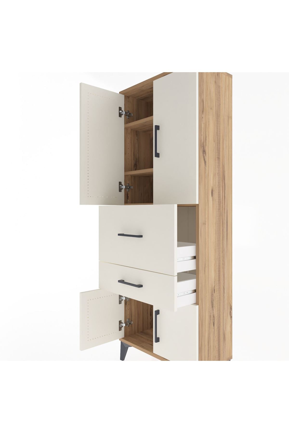 Arges Dolap 3 Raflı 2 Çekmeceli 4 Kapaklı 60x30x163 Çam-Aytaşı