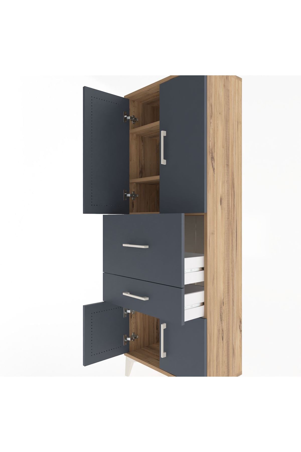 Arges Dolap 3 Raflı 2 Çekmeceli 4 Kapaklı 60x30x163 Çam-Antrasit