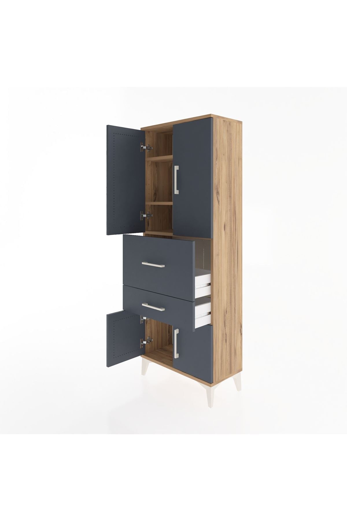 Arges Dolap 3 Raflı 2 Çekmeceli 4 Kapaklı 60x30x163 Çam-Antrasit