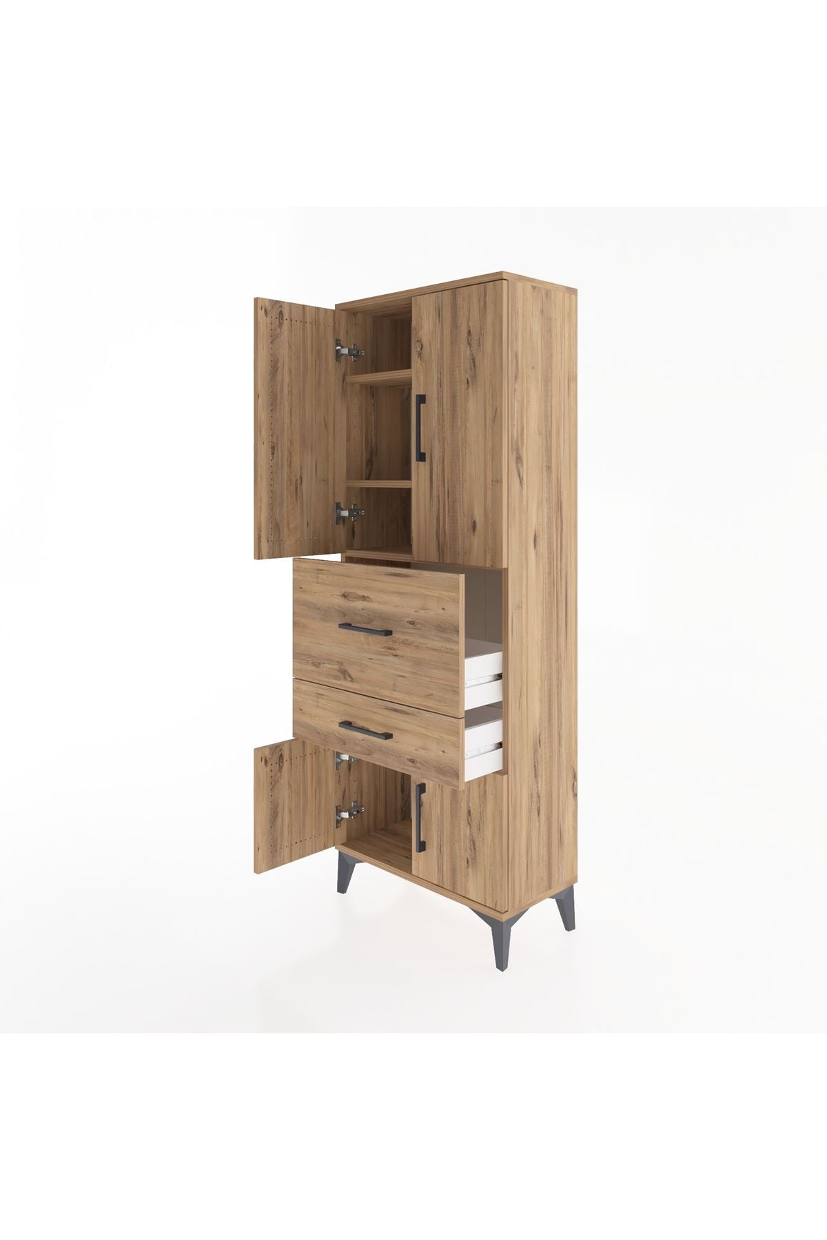 Arges Dolap 3 Raflı 2 Çekmeceli 4 Kapaklı 60x30x163 Çam-Çam