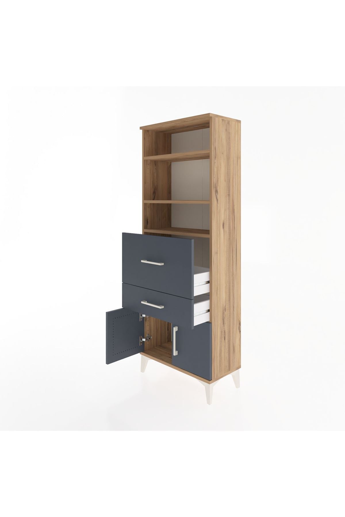 Arges Dolap 3 Raflı 2 Çekmeceli 2 Kapaklı 60x30x163 Çam-Antrasit