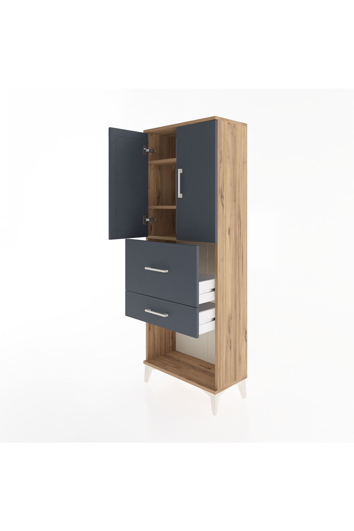Arges Dolap 3 Raflı 2 Çekmeceli 2 Kapaklı 60x30x163 Çam-Antrasit