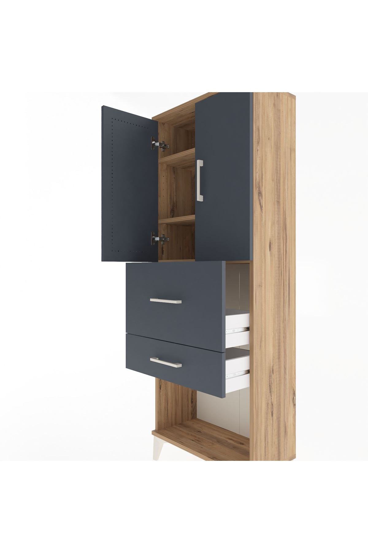 Arges Dolap 3 Raflı 2 Çekmeceli 2 Kapaklı 60x30x163 Çam-Antrasit