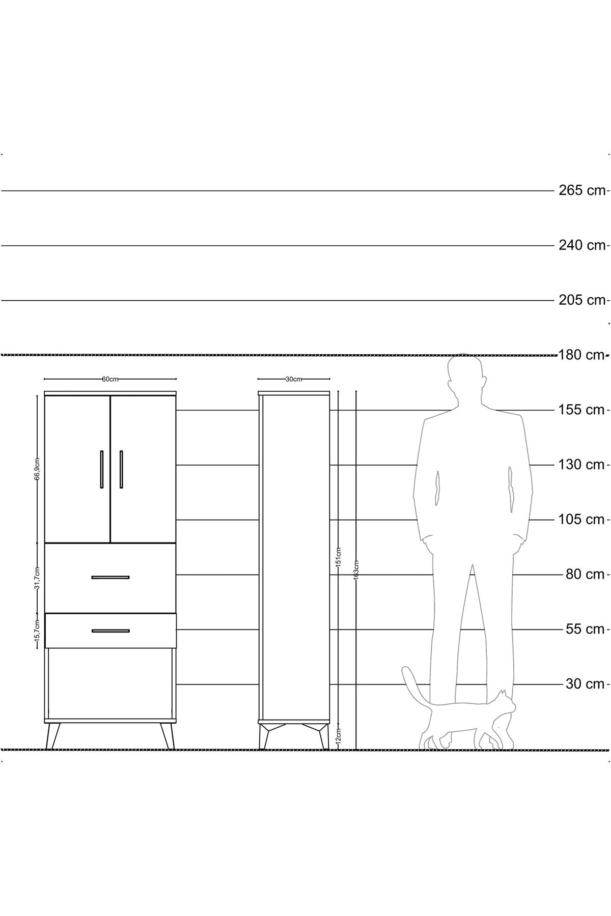 Arges Dolap 3 Raflı 2 Çekmeceli 2 Kapaklı 60x30x163 Çam-Çam