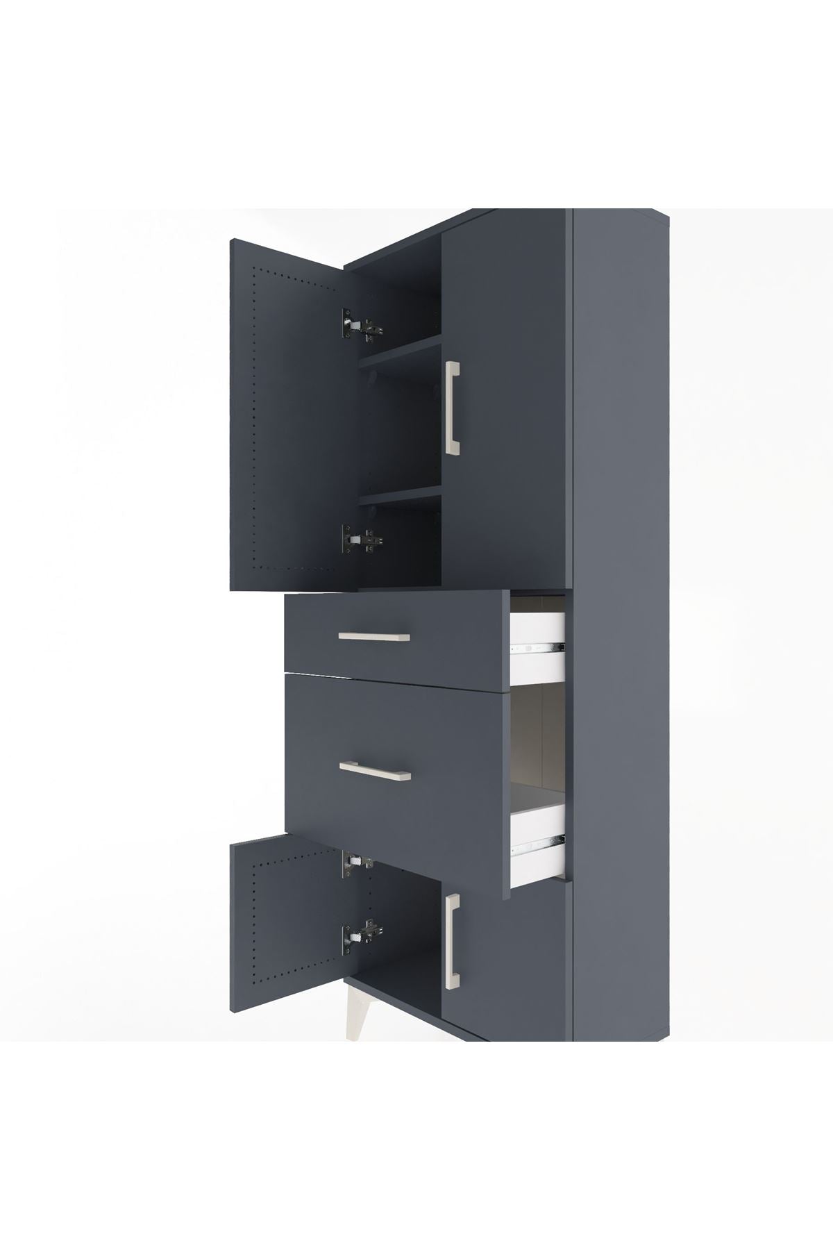 Arges Dolap 3 Raflı 2 Çekmeceli 4 Kapaklı 60x30x163 Antrasit-Antrasit