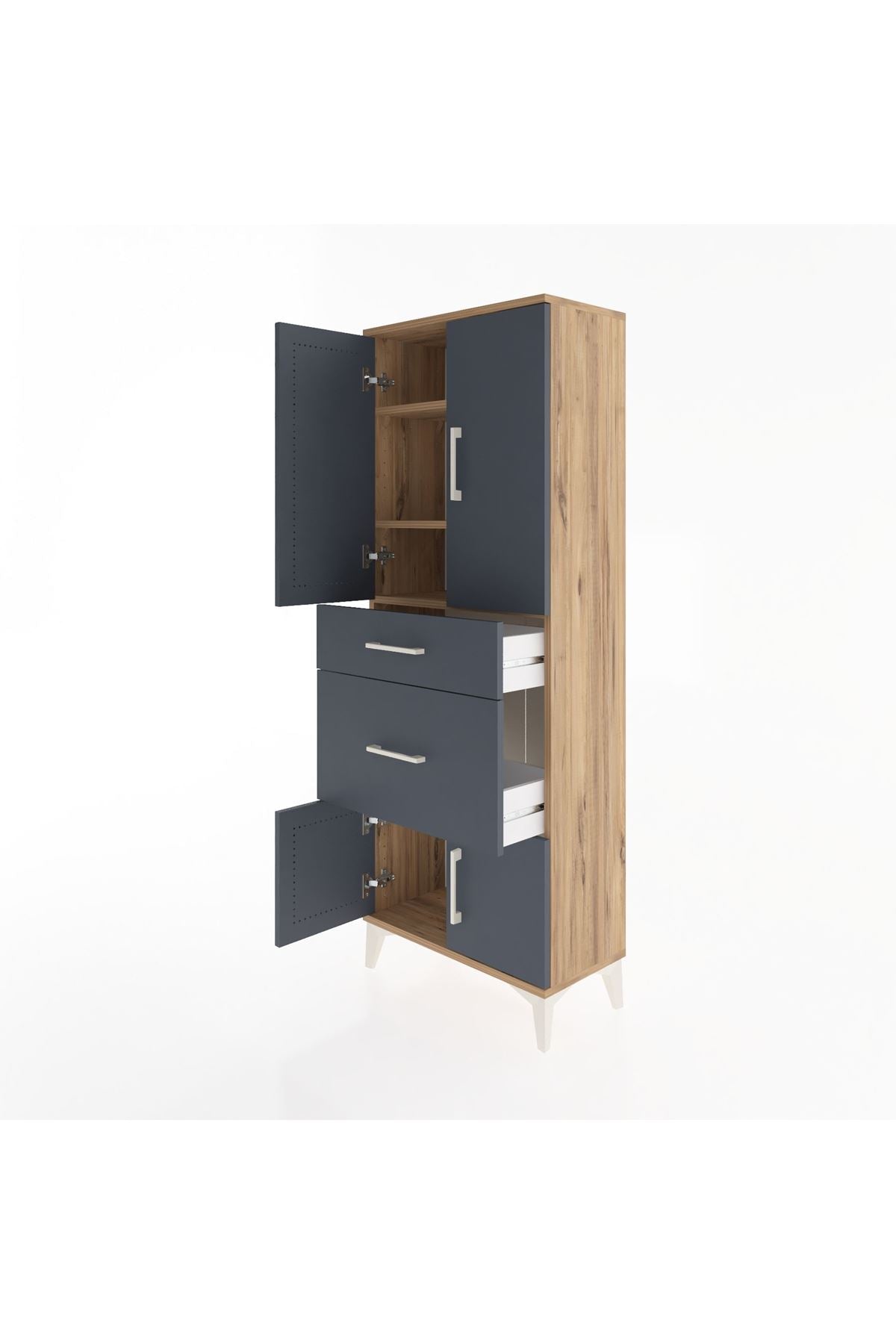 Arges Dolap 3 Raflı 2 Çekmeceli 4 Kapaklı 60x30x163 Çam-Antrasit