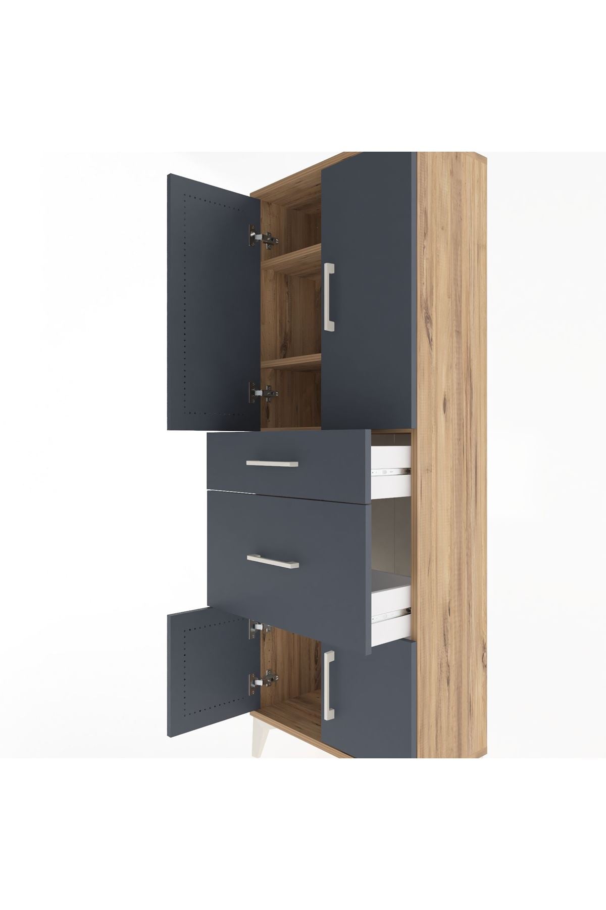 Arges Dolap 3 Raflı 2 Çekmeceli 4 Kapaklı 60x30x163 Çam-Antrasit