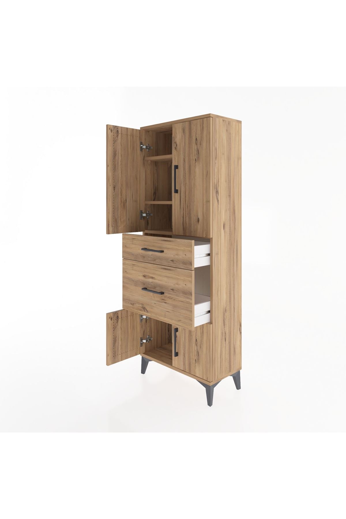 Arges Dolap 3 Raflı 2 Çekmeceli 4 Kapaklı 60x30x163 Çam-Çam