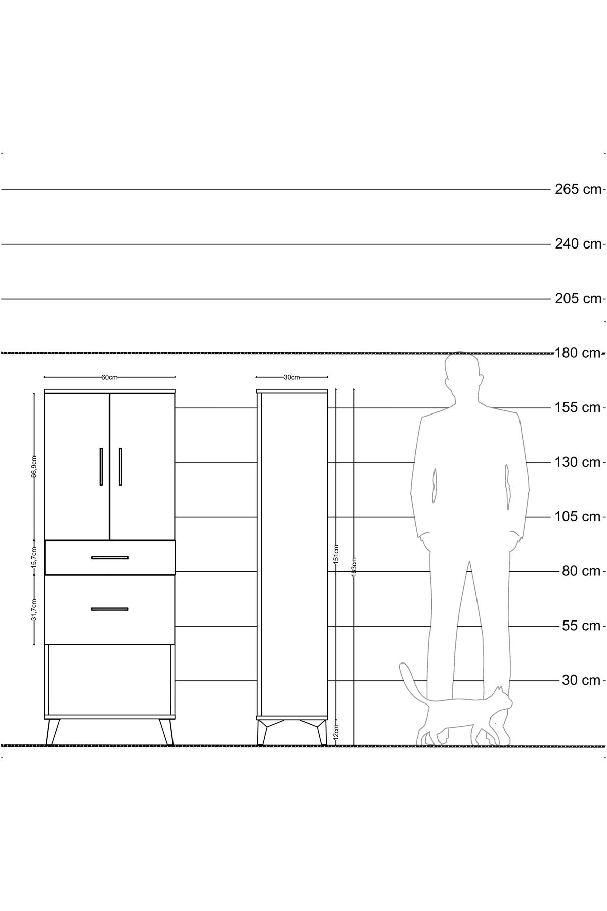 Arges Dolap 3 Raflı 2 Çekmeceli 2 Kapaklı 60x30x163 Çam-Antrasit