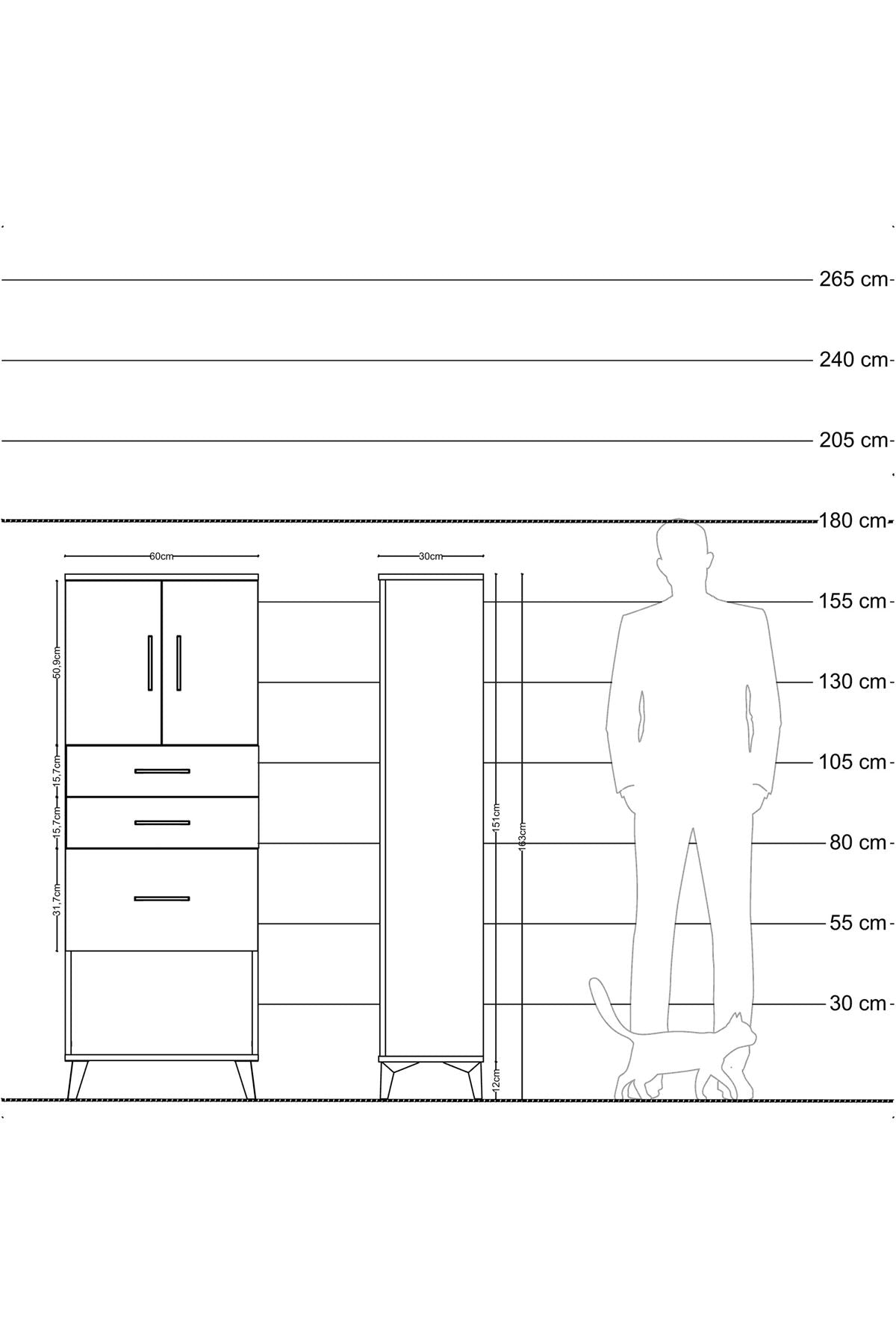 Arges Dolap 2 Raflı 3 Çekmeceli 2 Kapaklı 60x30x163 Çam-Aytaşı