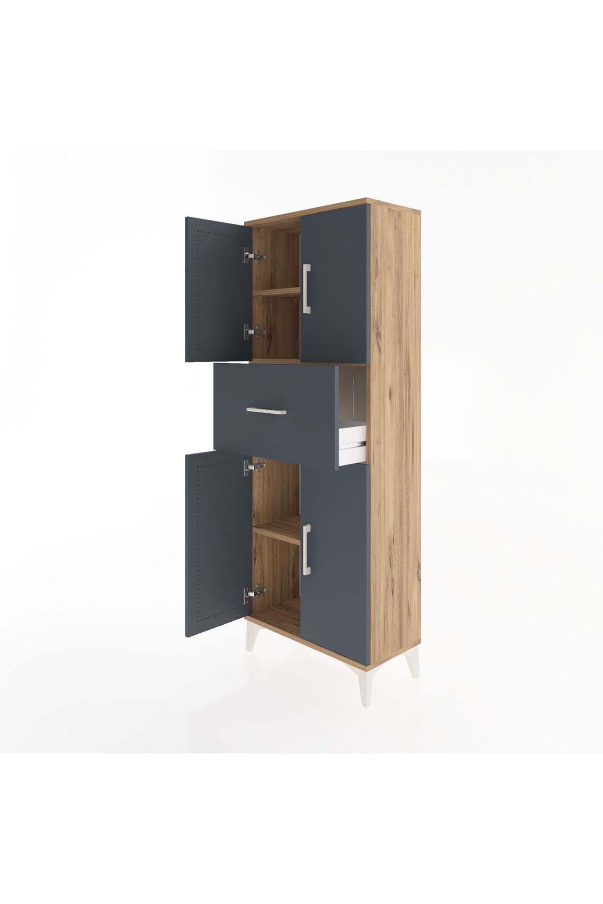 Arges Dolap 2 Raflı Tek Çekmeceli 4 Kapaklı 60x30x163 Çam-Antrasit