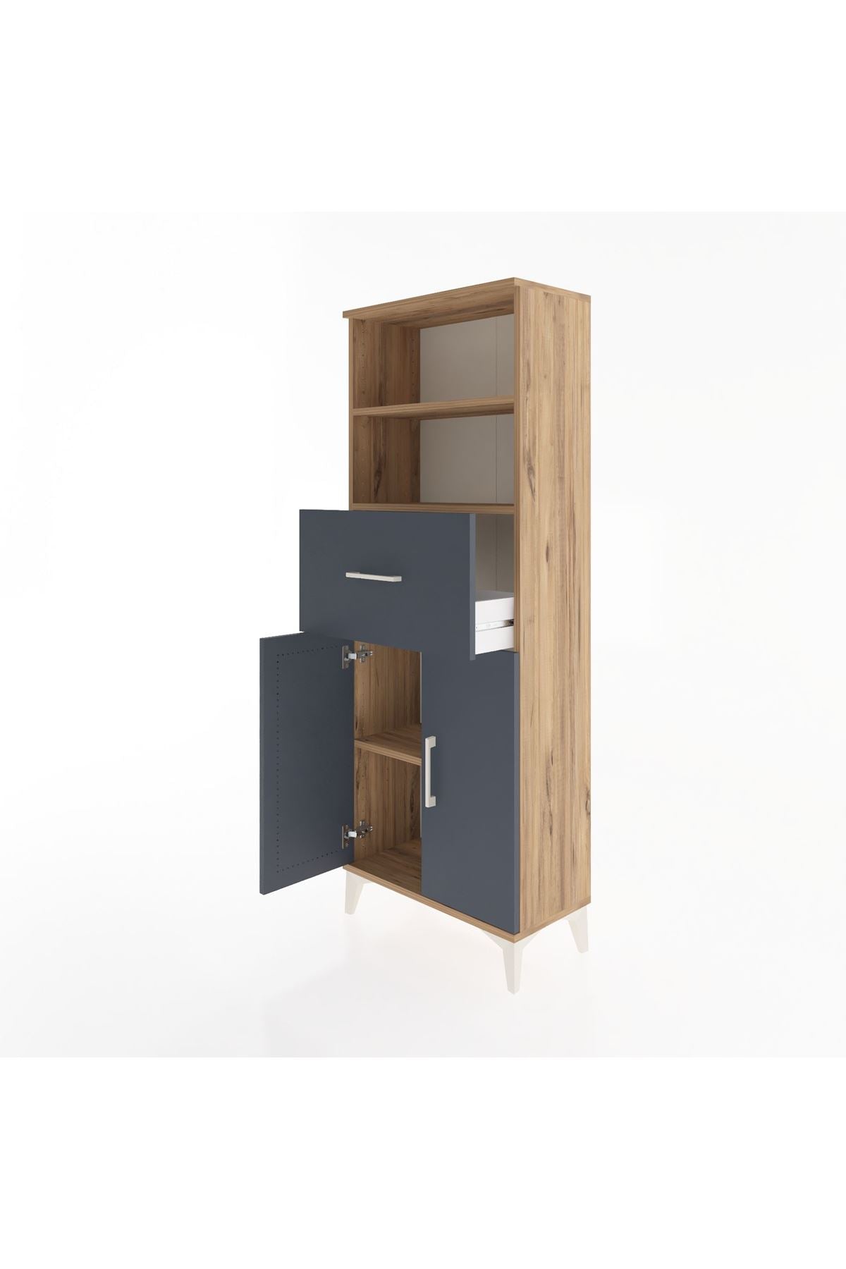 Arges Dolap 3 Raflı Tek Çekmeceli 2 Kapaklı 60x30x163 Çam-Antrasit