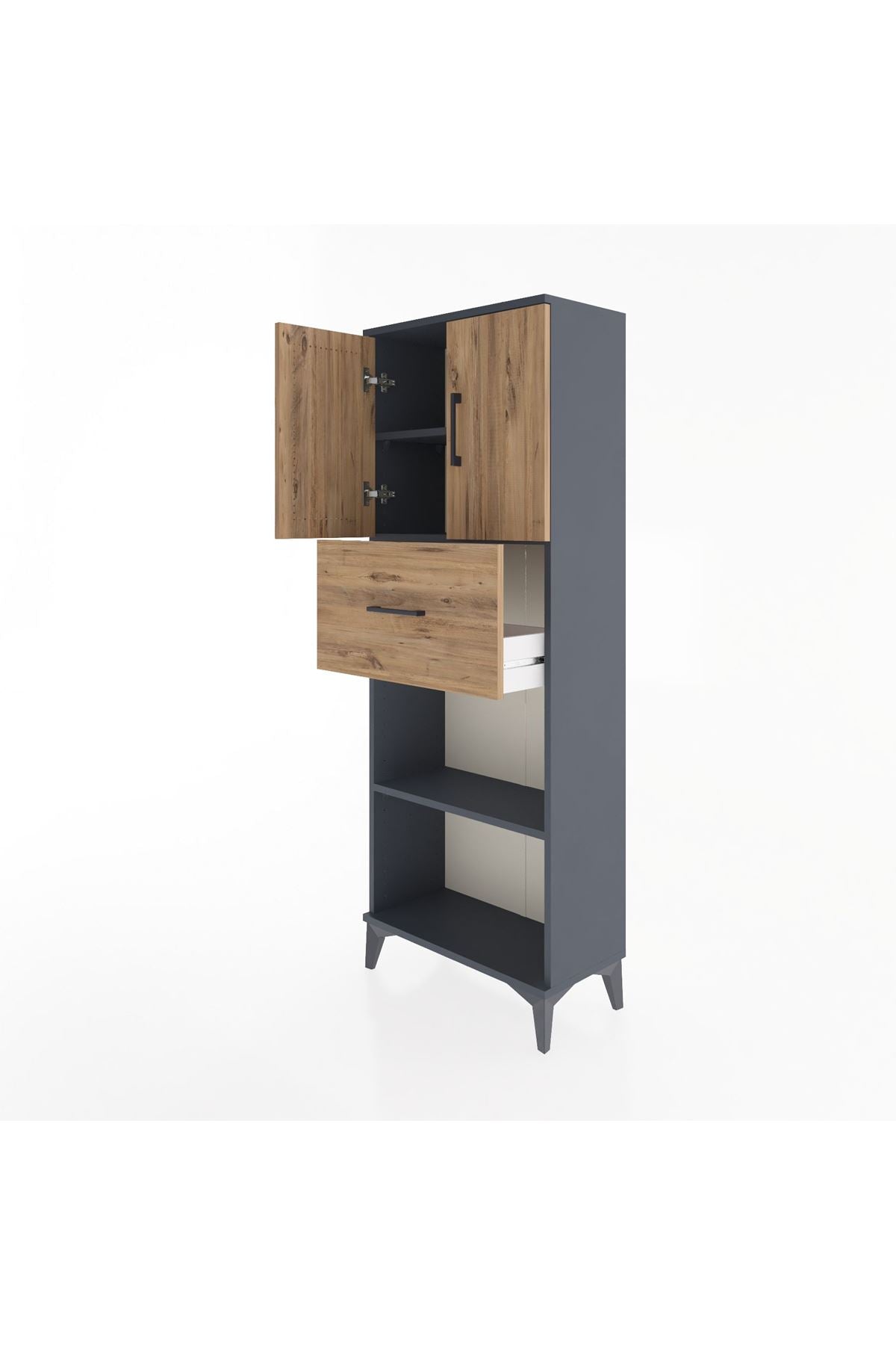 Arges Dolap 3 Raflı Tek Çekmeceli 2 Kapaklı 60x30x163 Antrasit-Çam