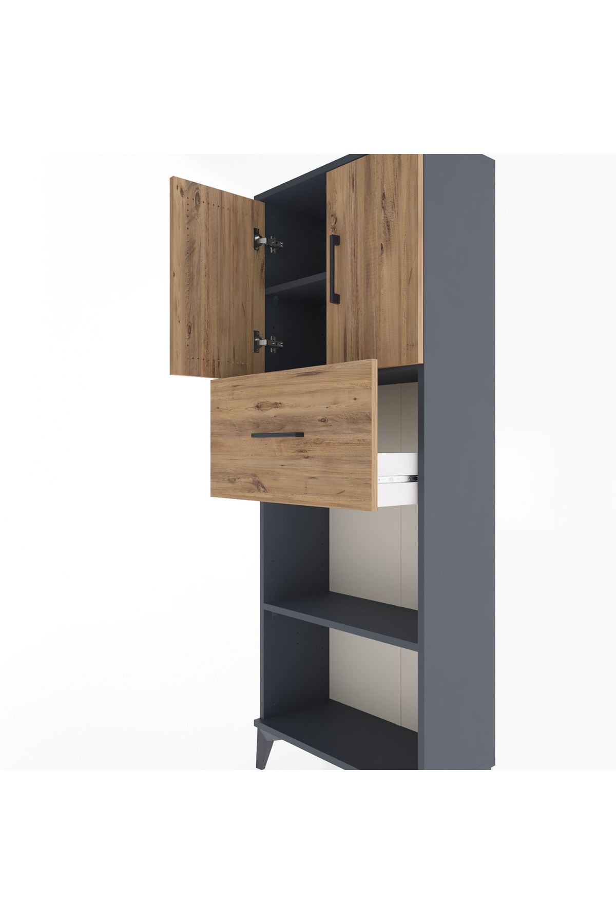 Arges Dolap 3 Raflı Tek Çekmeceli 2 Kapaklı 60x30x163 Antrasit-Çam
