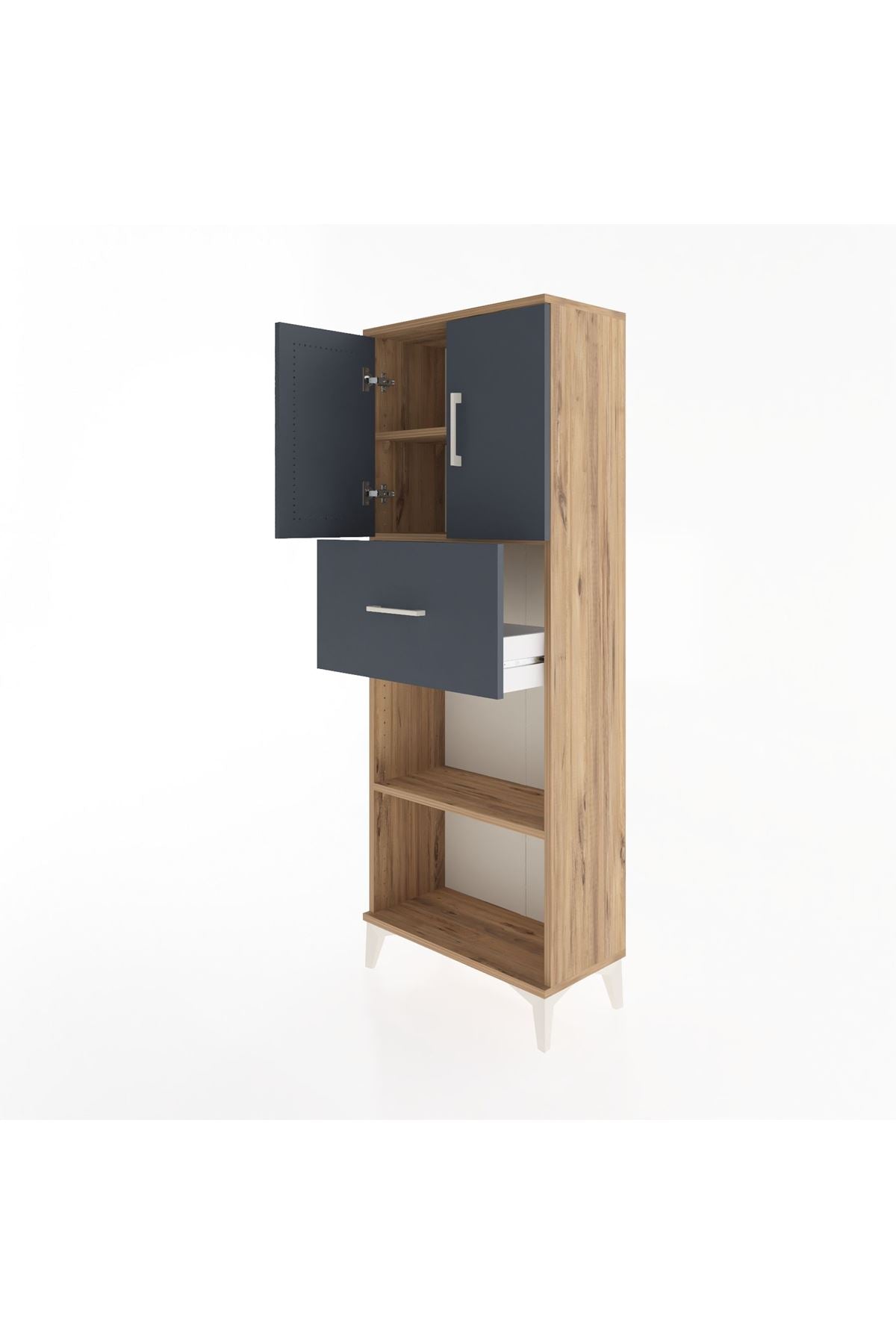 Arges Dolap 3 Raflı Tek Çekmeceli 2 Kapaklı 60x30x163 Çam-Antrasit