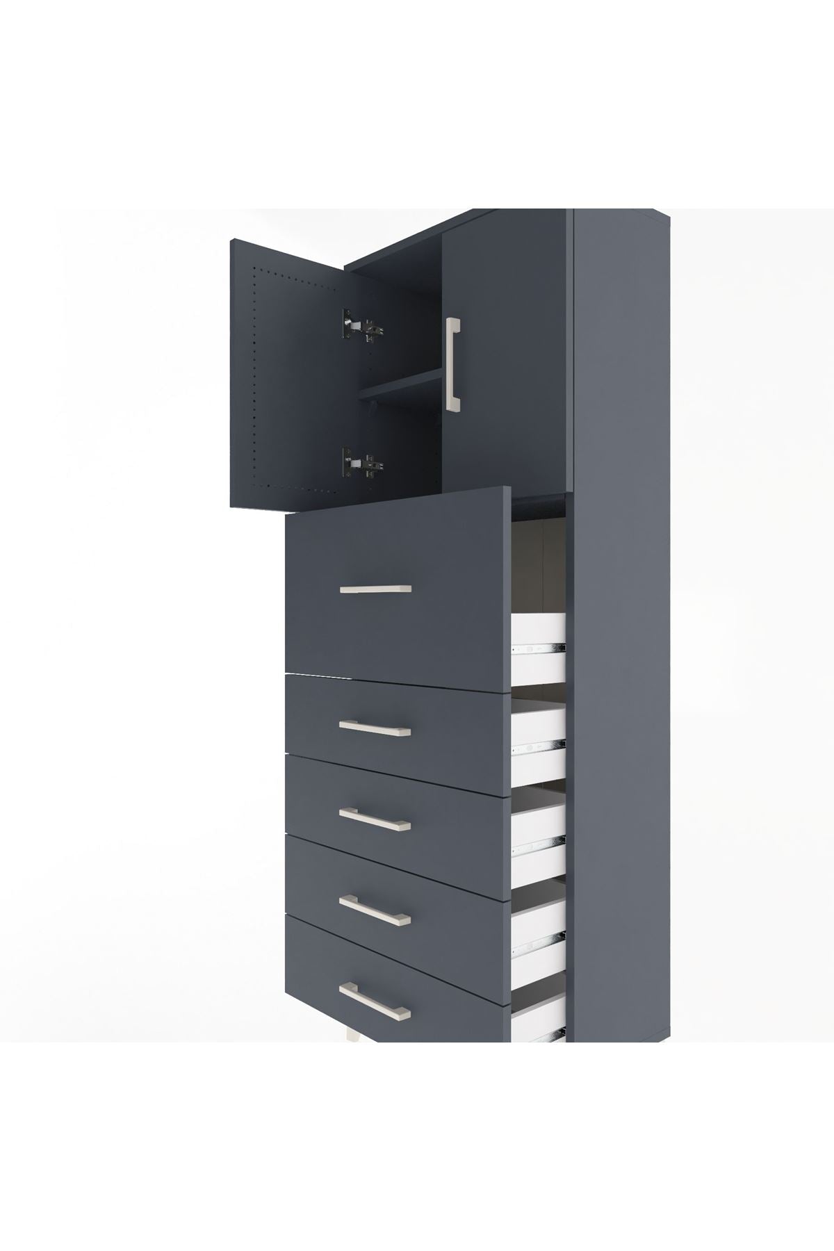 Arges Dolap 2 Raflı 5 Çekmeceli 2 Kapaklı 60x30x163 Antrasit-Antrasit