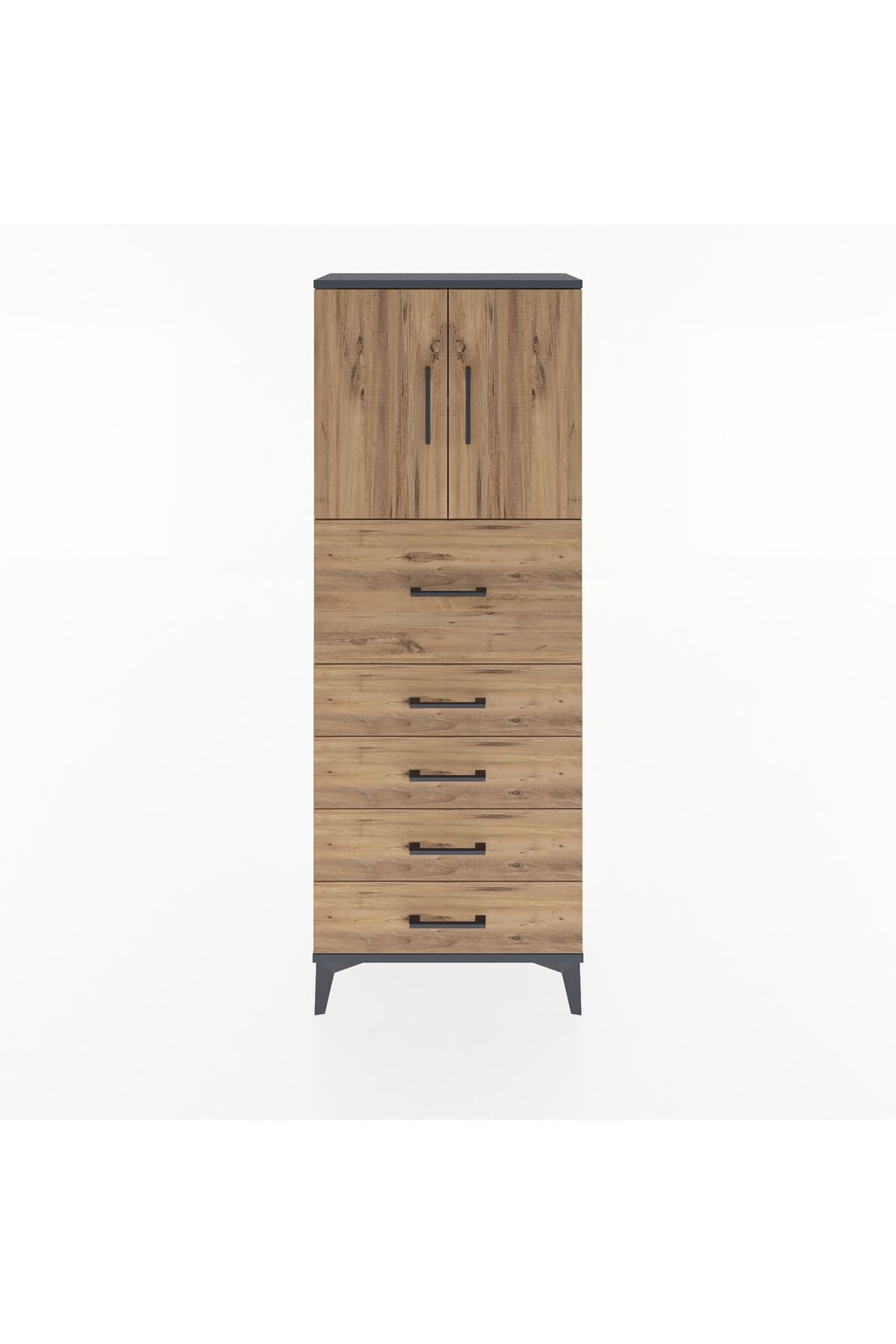 Arges Dolap 2 Raflı 5 Çekmeceli 2 Kapaklı 60x30x163 Antrasit-Çam