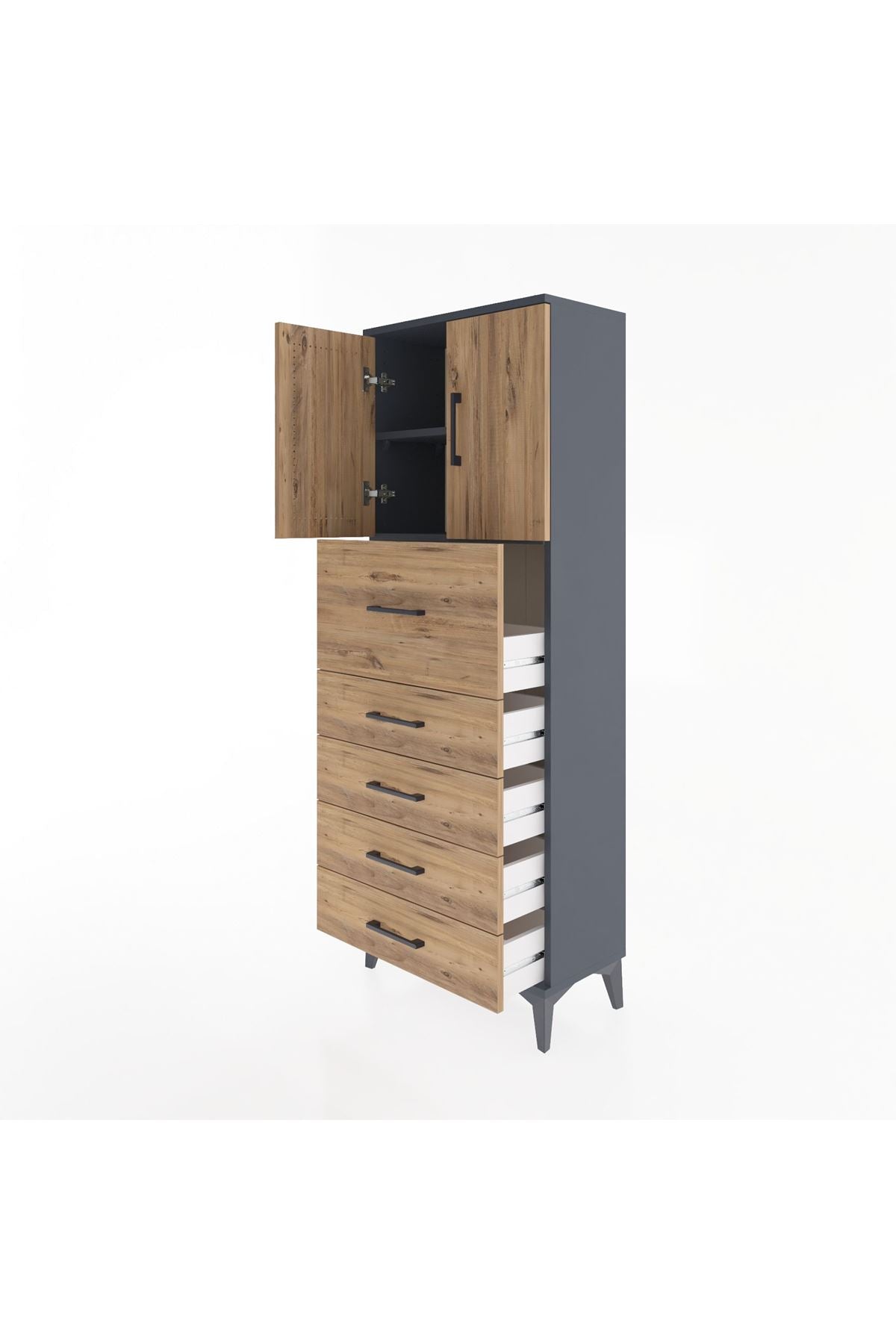 Arges Dolap 2 Raflı 5 Çekmeceli 2 Kapaklı 60x30x163 Antrasit-Çam