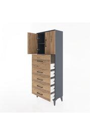 Arges Dolap 2 Raflı 5 Çekmeceli 2 Kapaklı 60x30x163 Antrasit-Çam