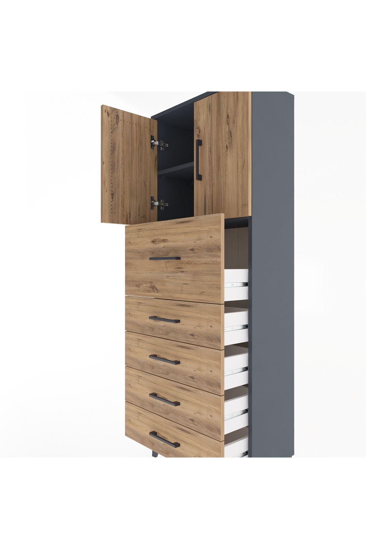 Arges Dolap 2 Raflı 5 Çekmeceli 2 Kapaklı 60x30x163 Antrasit-Çam