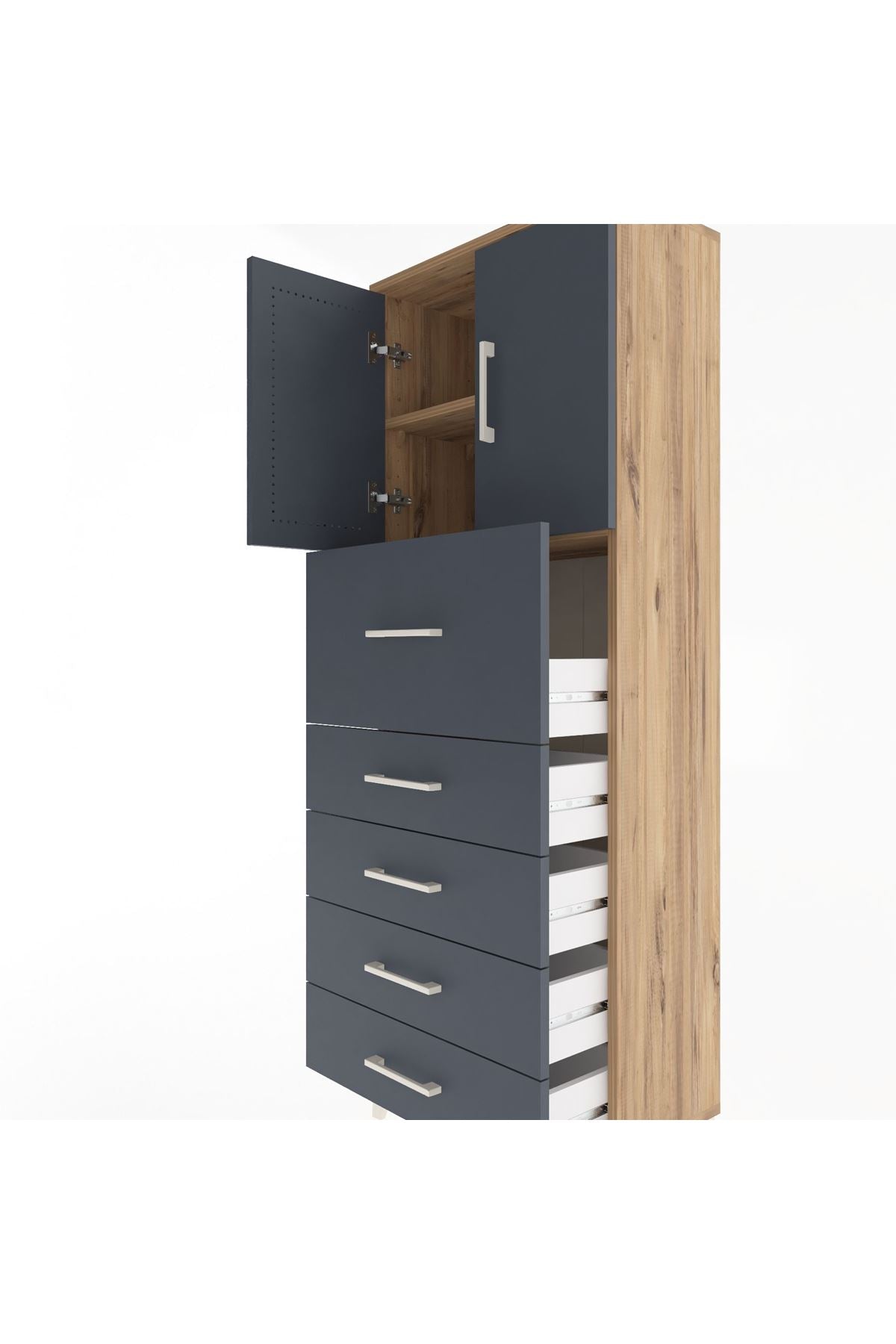 Arges Dolap 2 Raflı 5 Çekmeceli 2 Kapaklı 60x30x163 Çam-Antrasit