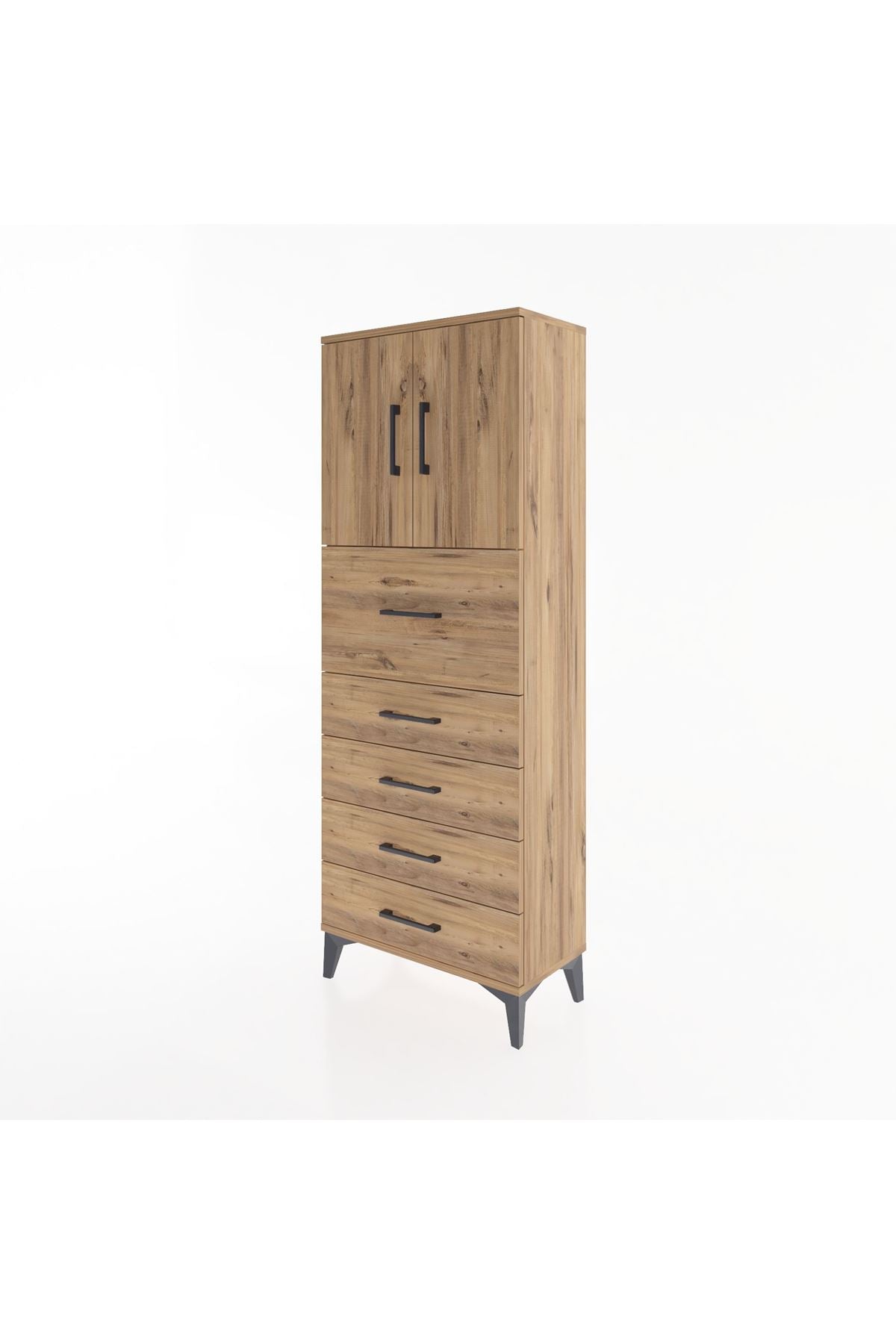 Arges Dolap 2 Raflı 5 Çekmeceli 2 Kapaklı 60x30x163 Çam-Çam