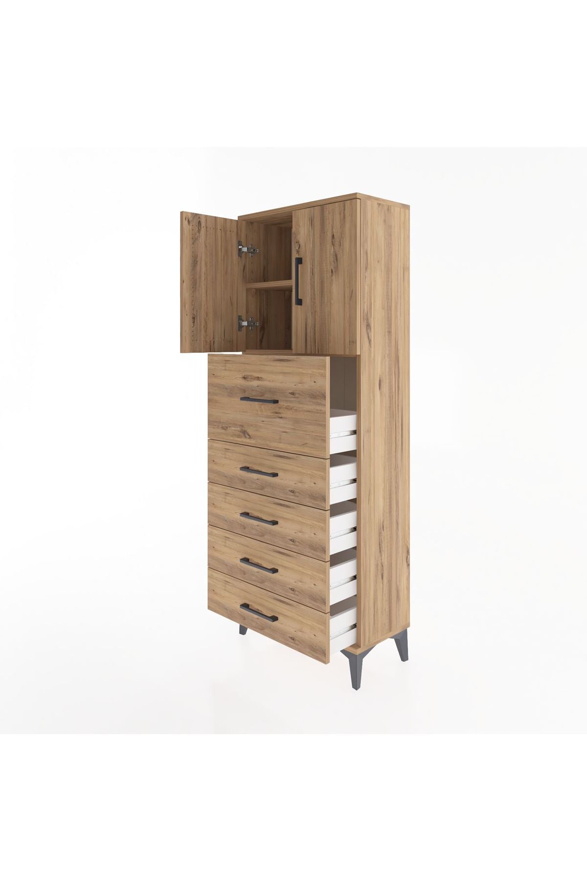 Arges Dolap 2 Raflı 5 Çekmeceli 2 Kapaklı 60x30x163 Çam-Çam