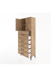 Arges Dolap 2 Raflı 5 Çekmeceli 2 Kapaklı 60x30x163 Çam-Çam
