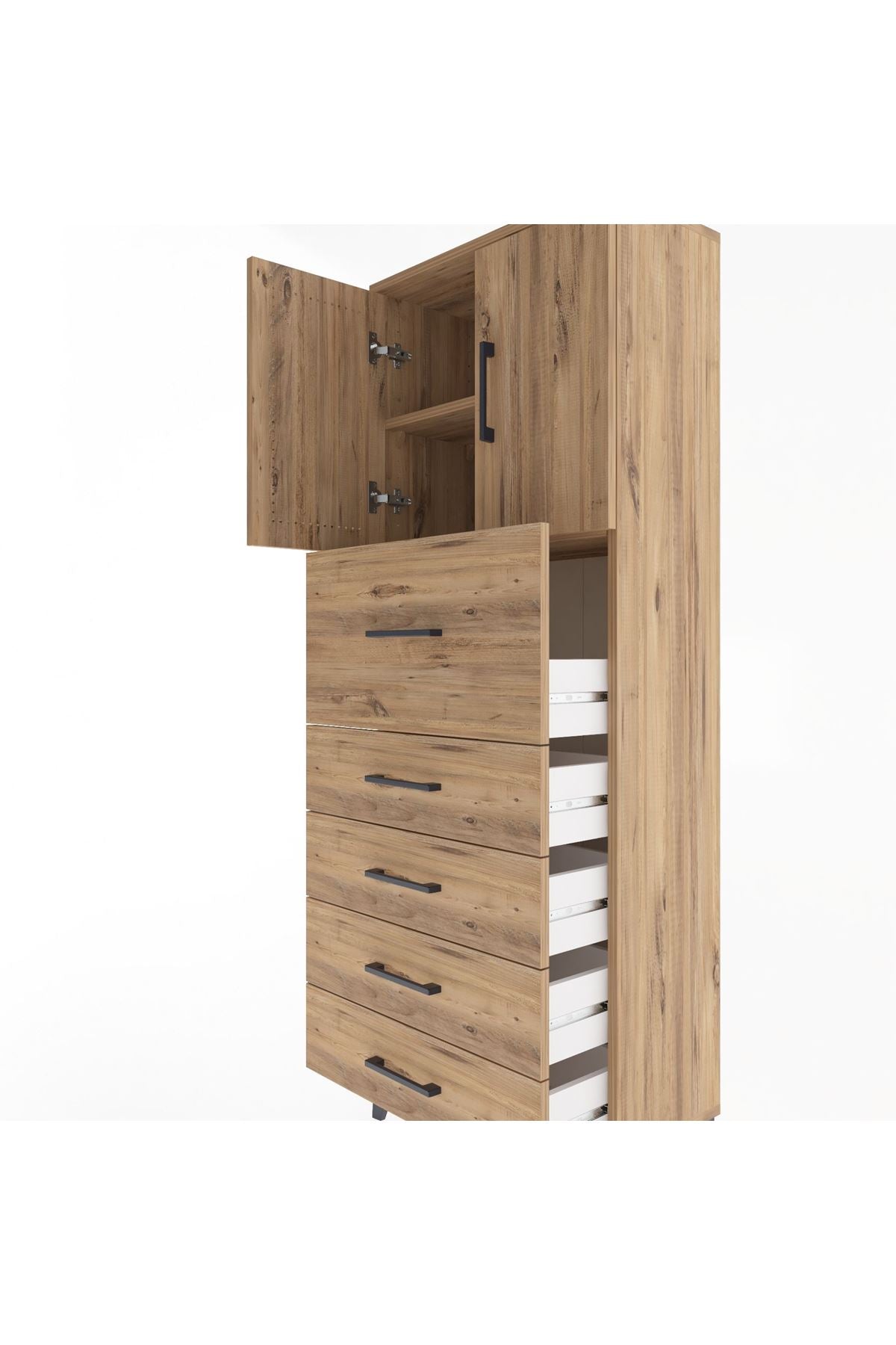 Arges Dolap 2 Raflı 5 Çekmeceli 2 Kapaklı 60x30x163 Çam-Çam